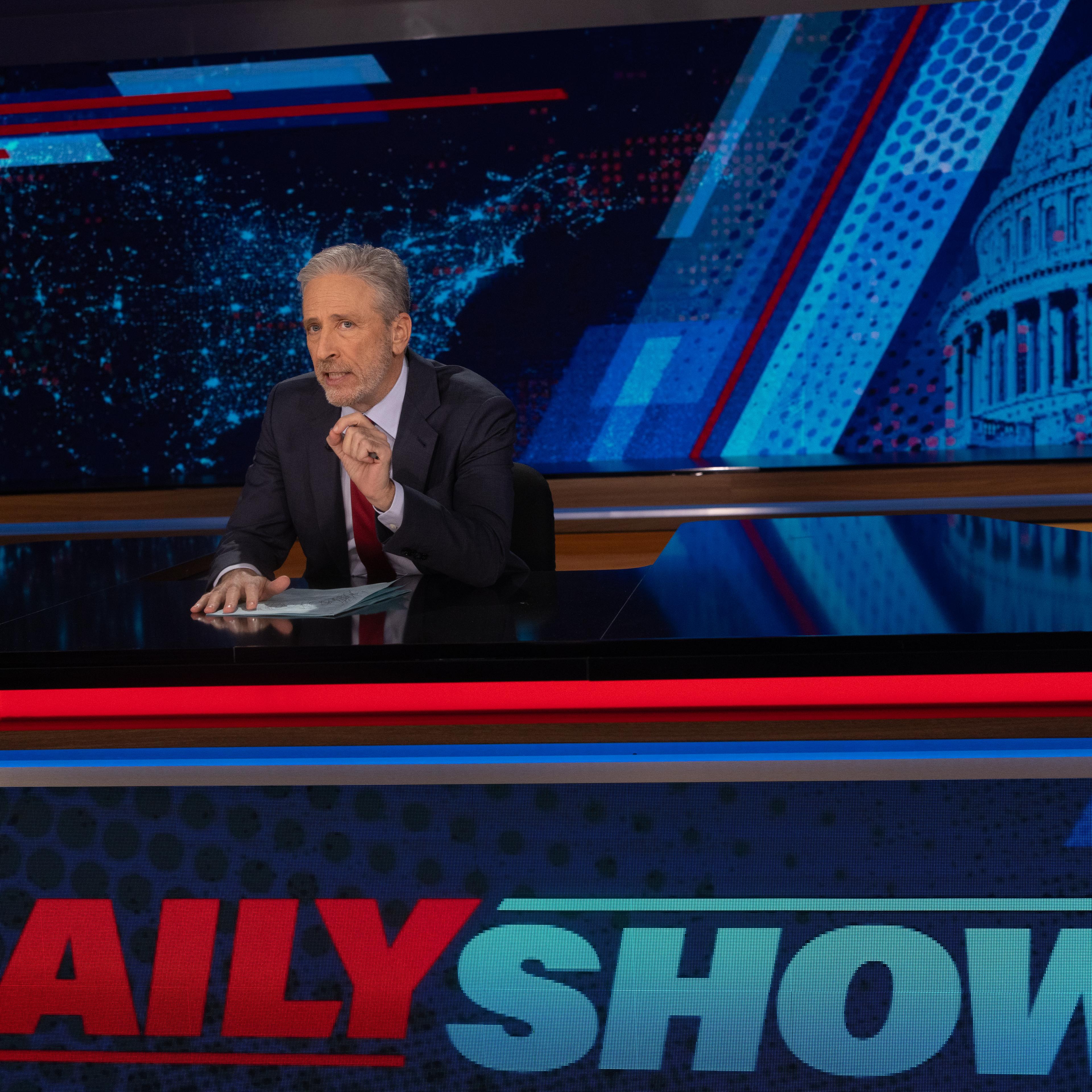 Jon Stewart hosting <i>The Daily Show</i> on Feb. 12, 2024