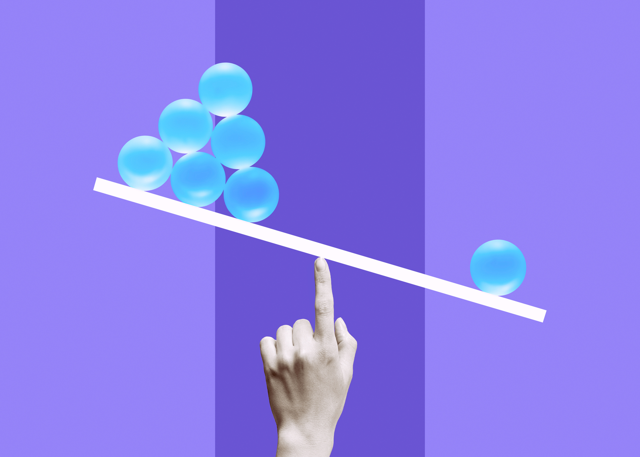 1 blue ball outweighing 6 blue balls on white line, balanced on black and white woman's finger on striped purple background