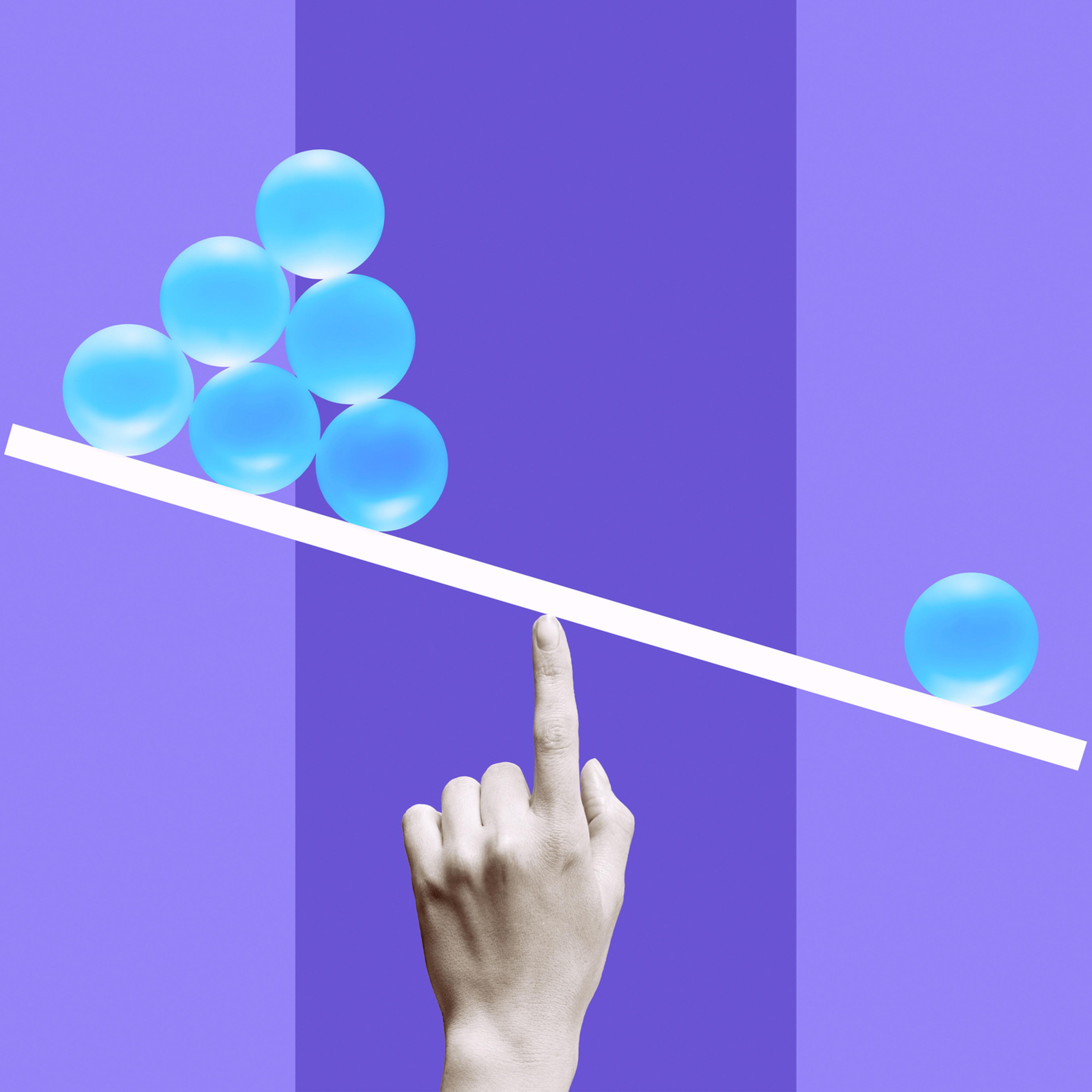 1 blue ball outweighing 6 blue balls on white line, balanced on black and white woman's finger on striped purple background