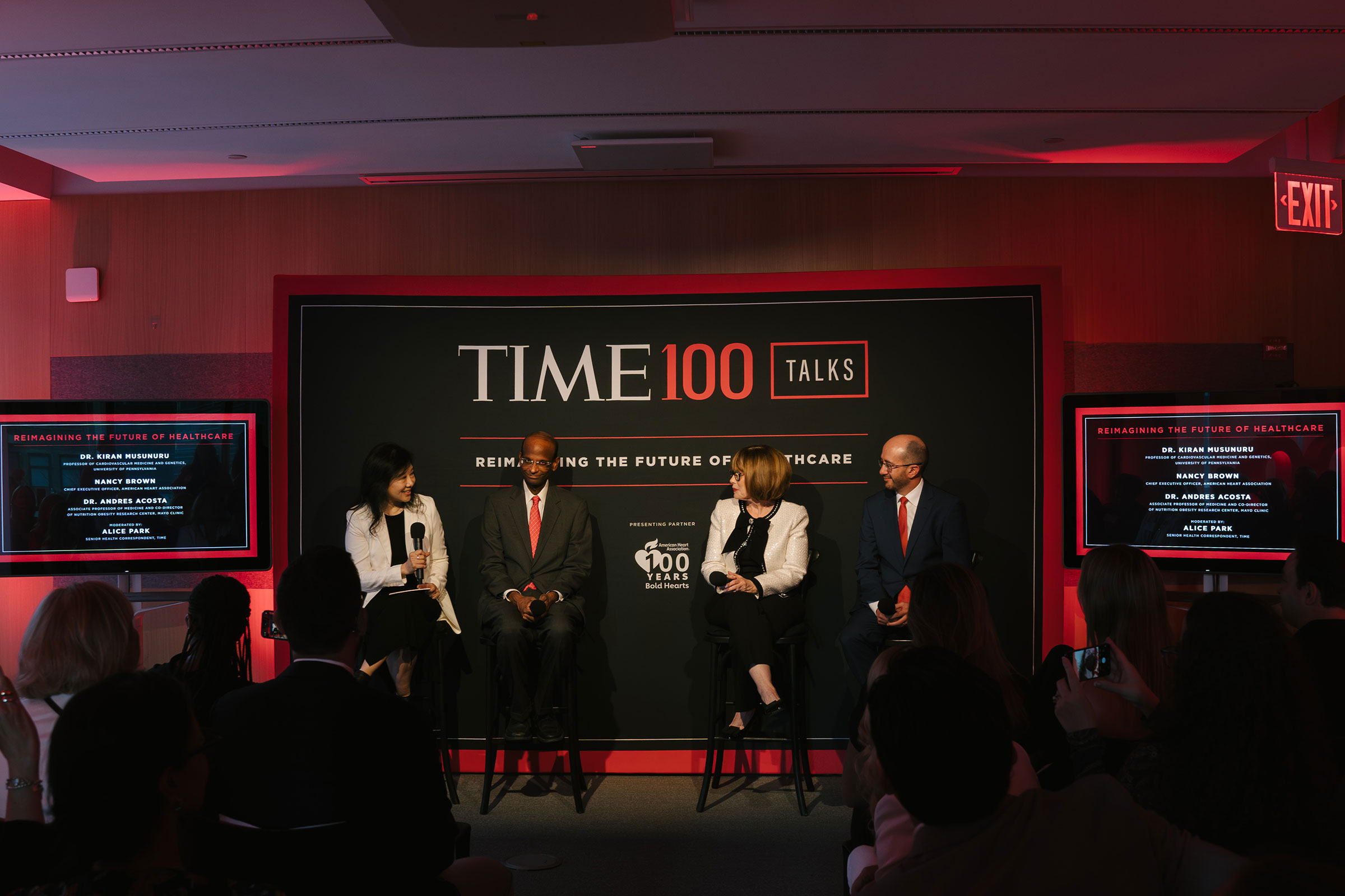TIME Senior Correspondent Alice Park, Dr. Kiran Musunuru, Nancy Brown, and Dr. Andres Acosta speak on the "Reimagining the Future of Healthcare" panel as part of the TIME 100 Talks series in the TIME offices in New York City on Jun 25, 2024.