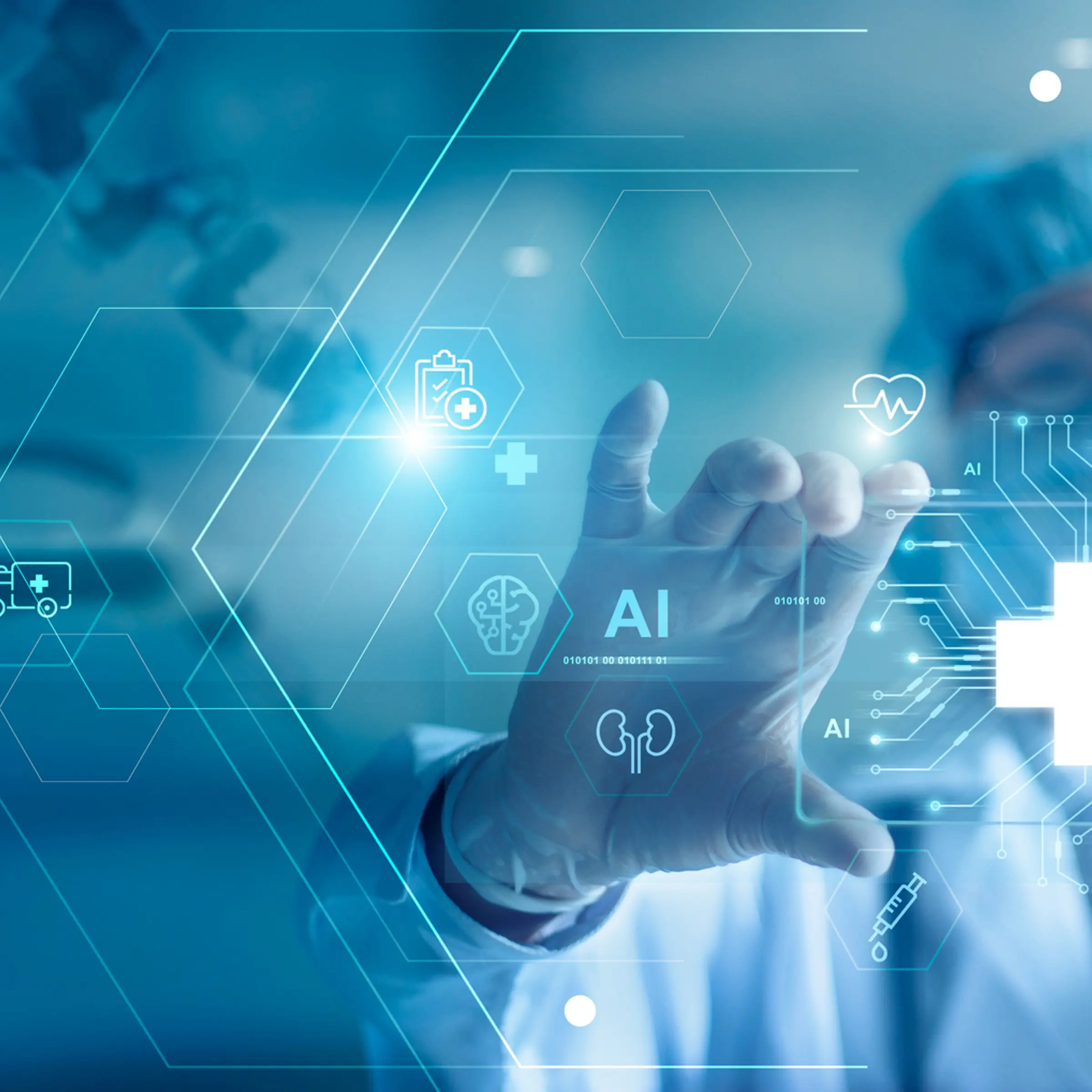 Medical technology, doctor use AI robots for diagnosis, care, and increasing accuracy patient treatment in future. Medical research and development innovation technology to improve patient health.