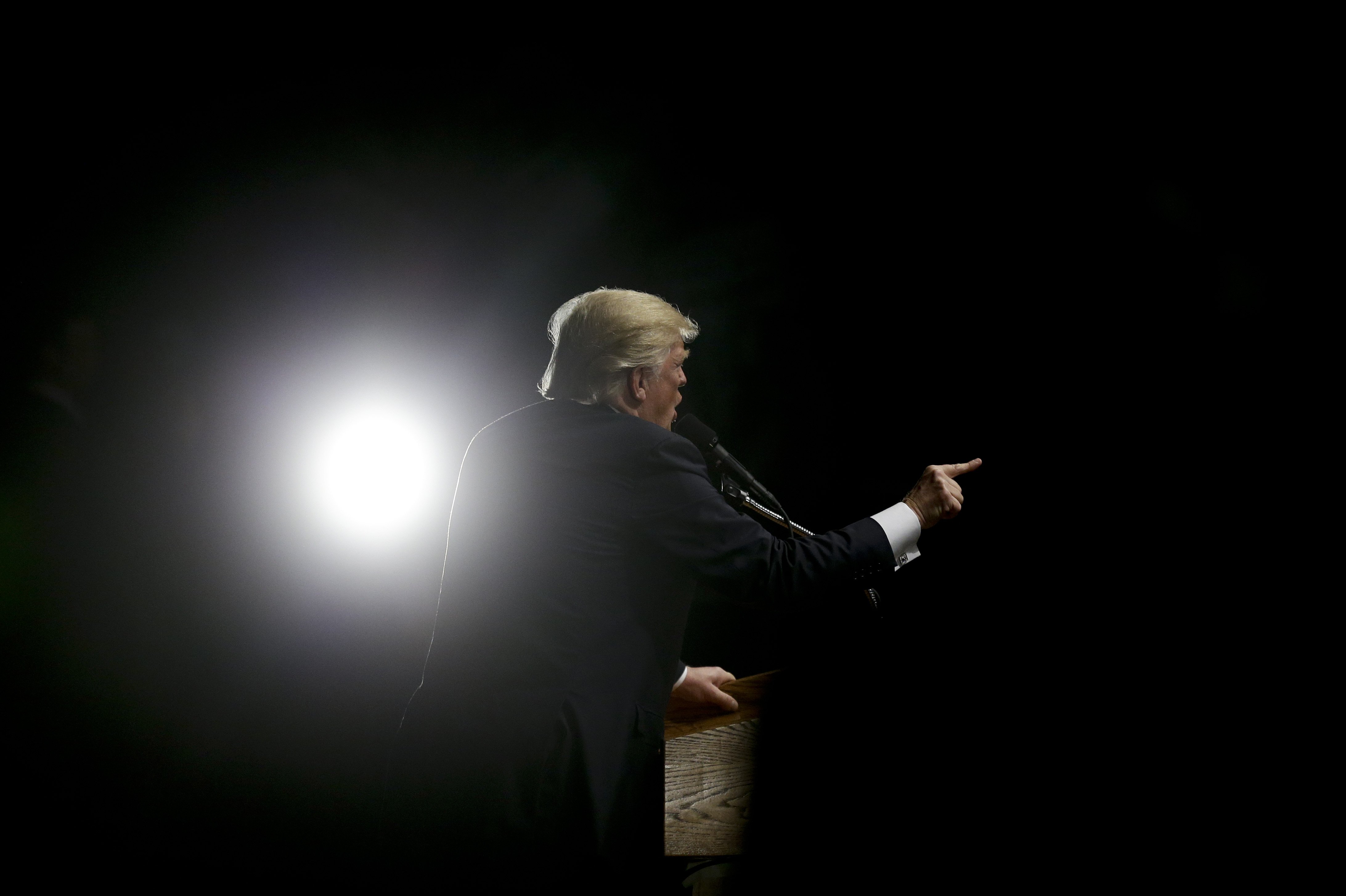 Republican presidential candidate Donald Trump speaks during a rally, Thursday, April 28, 2016 in Costa Mesa, Calif.