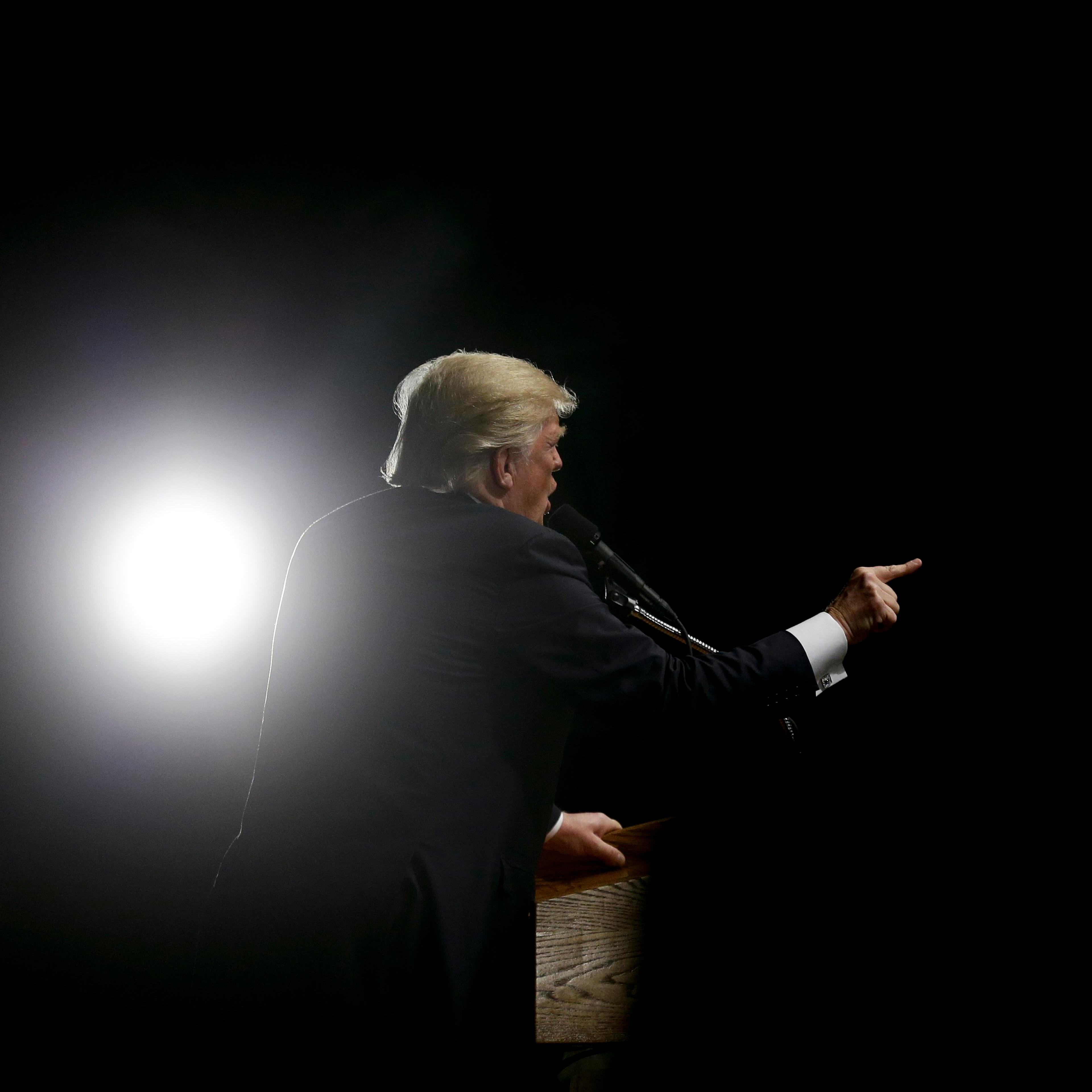 Republican presidential candidate Donald Trump speaks during a rally, Thursday, April 28, 2016 in Costa Mesa, Calif.