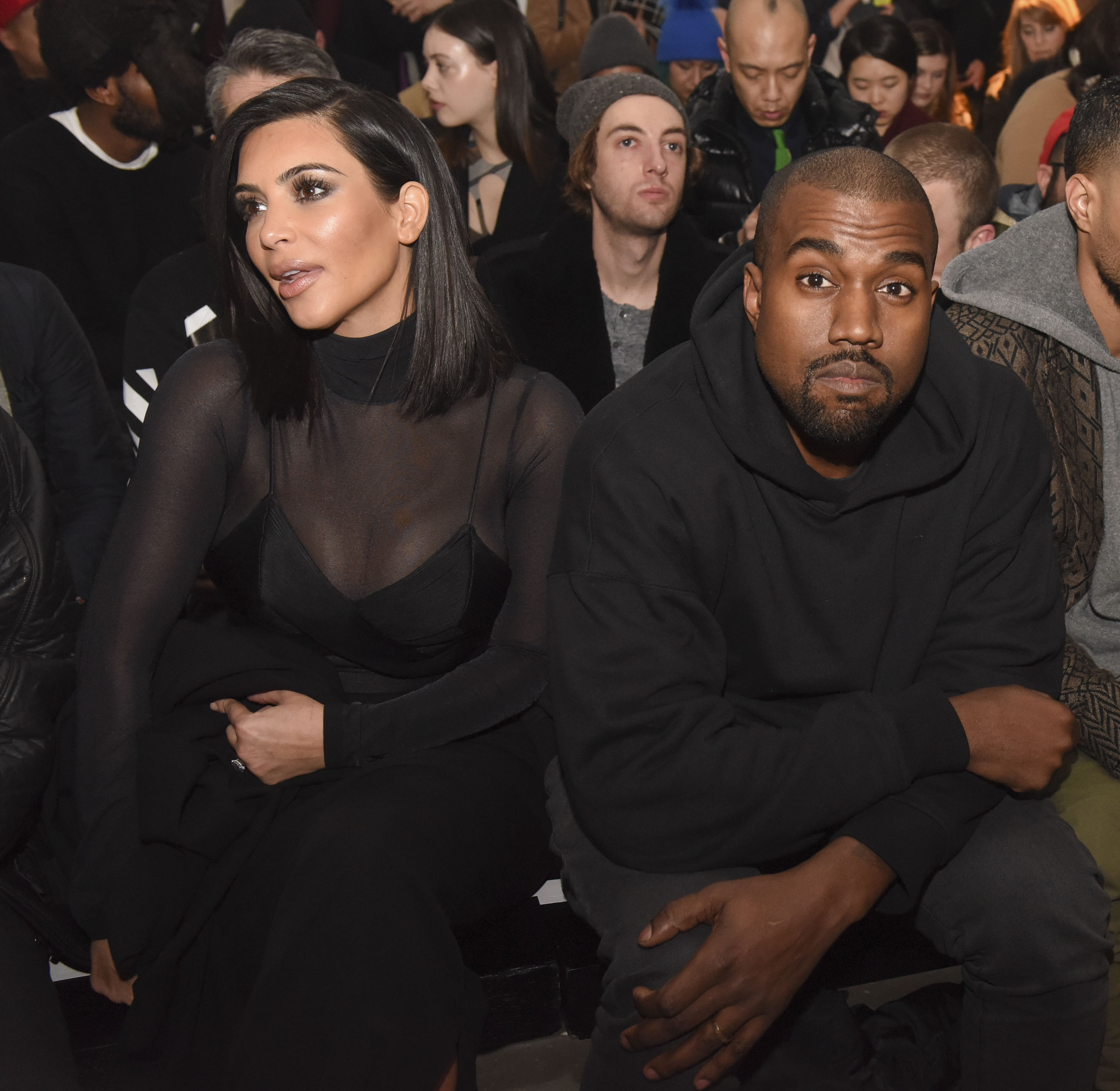 Kim Kardashian and Kanye West attend the Robert Geller show during Mercedes-Benz Fashion Week Fall 2015 at Pier 59 on Feb. 14, 2015 in New York City.
