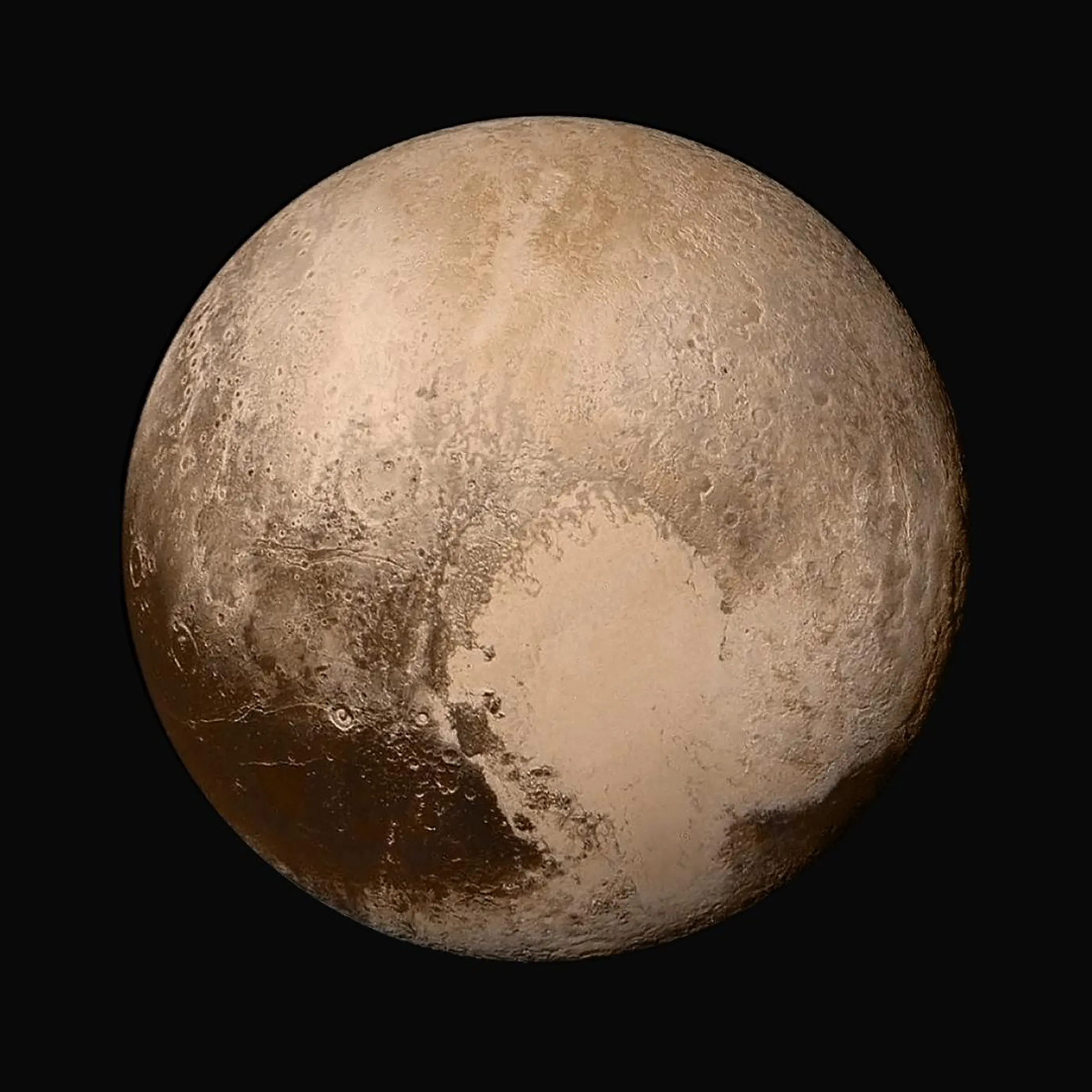 Four images from NASA's New Horizons were combined with color data from the Ralph instrument to create this global view of Pluto. (The lower right edge of Pluto in this view currently lacks high-resolution color coverage.)
