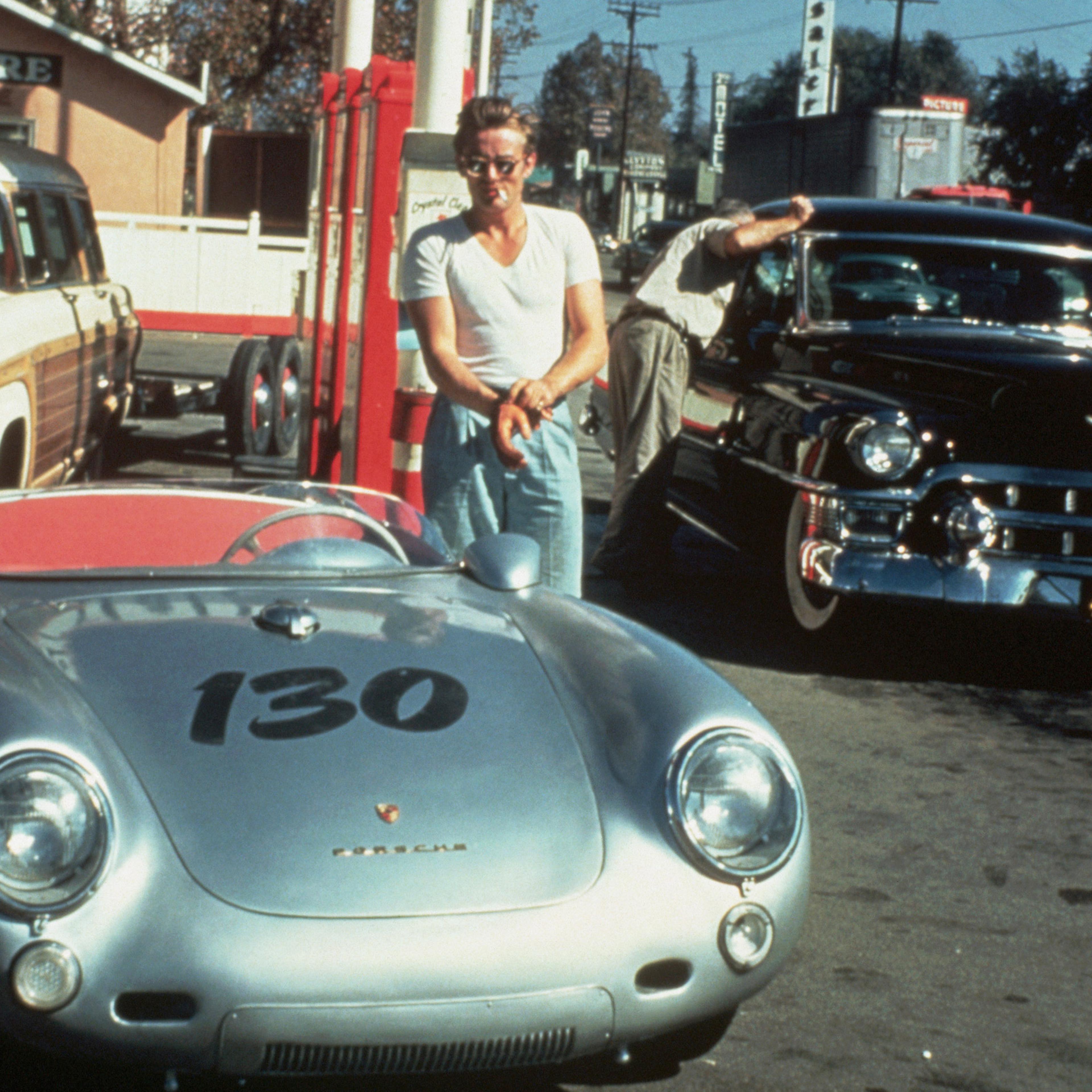 James Dean at a gas station with his silver Porsche 550 Spyder he named Little Bastard, just hours before his fatal crash. September 30, 1955.