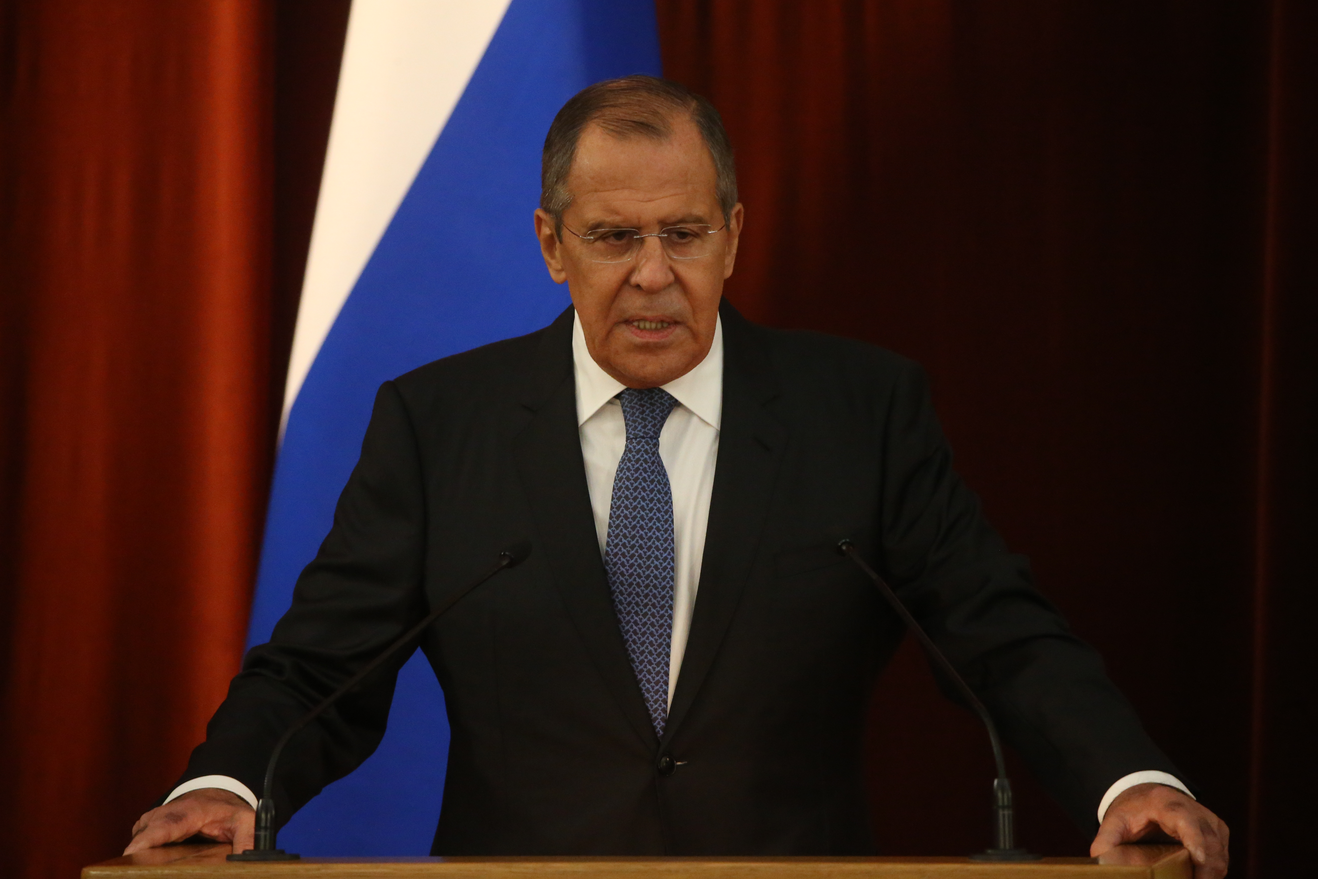 Russian Foreign Affairs Minister Sergei Lavrov speaks during an annual meeting