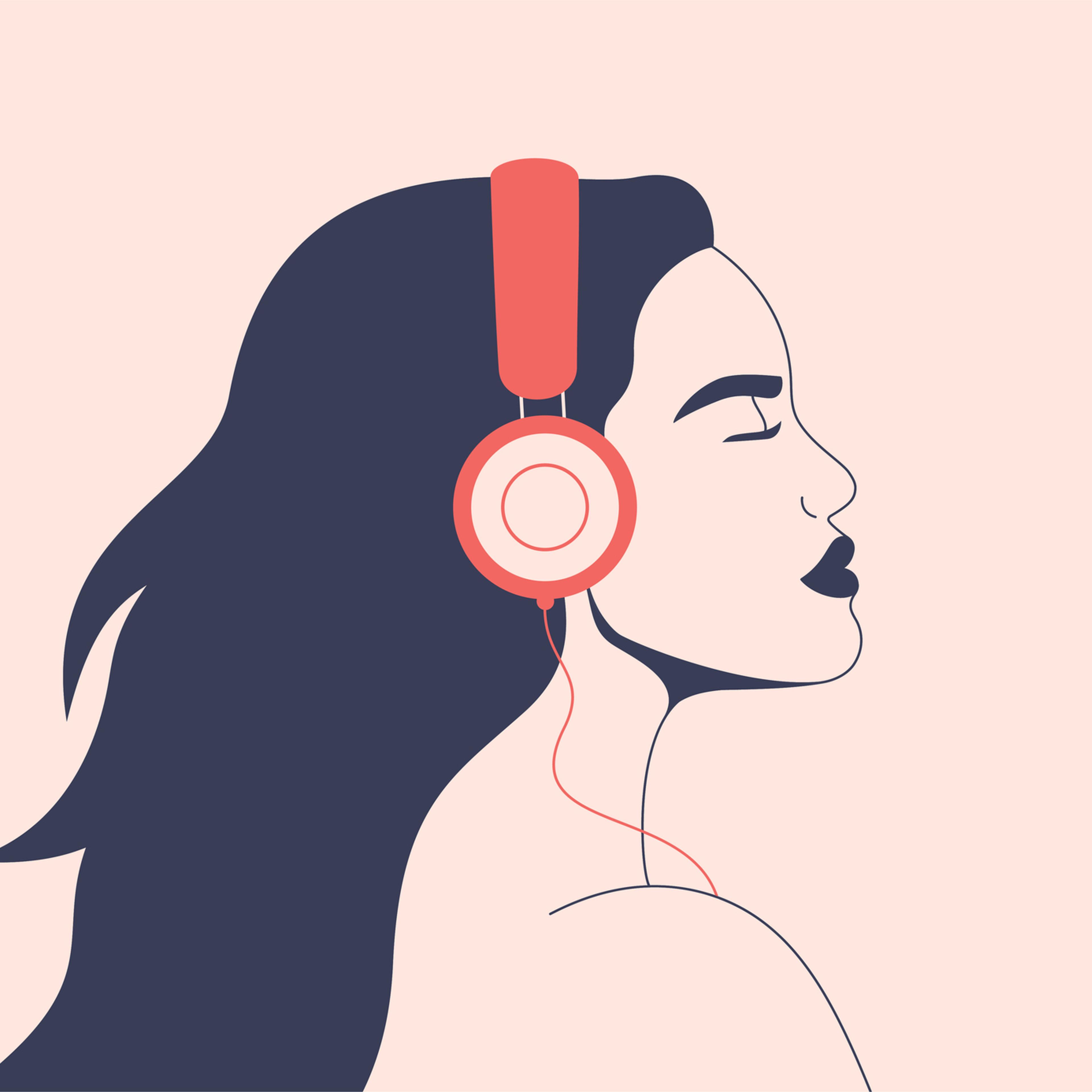 Confident woman listens to music with headphones. Girl with flying hair in earphones enjoying the sound.