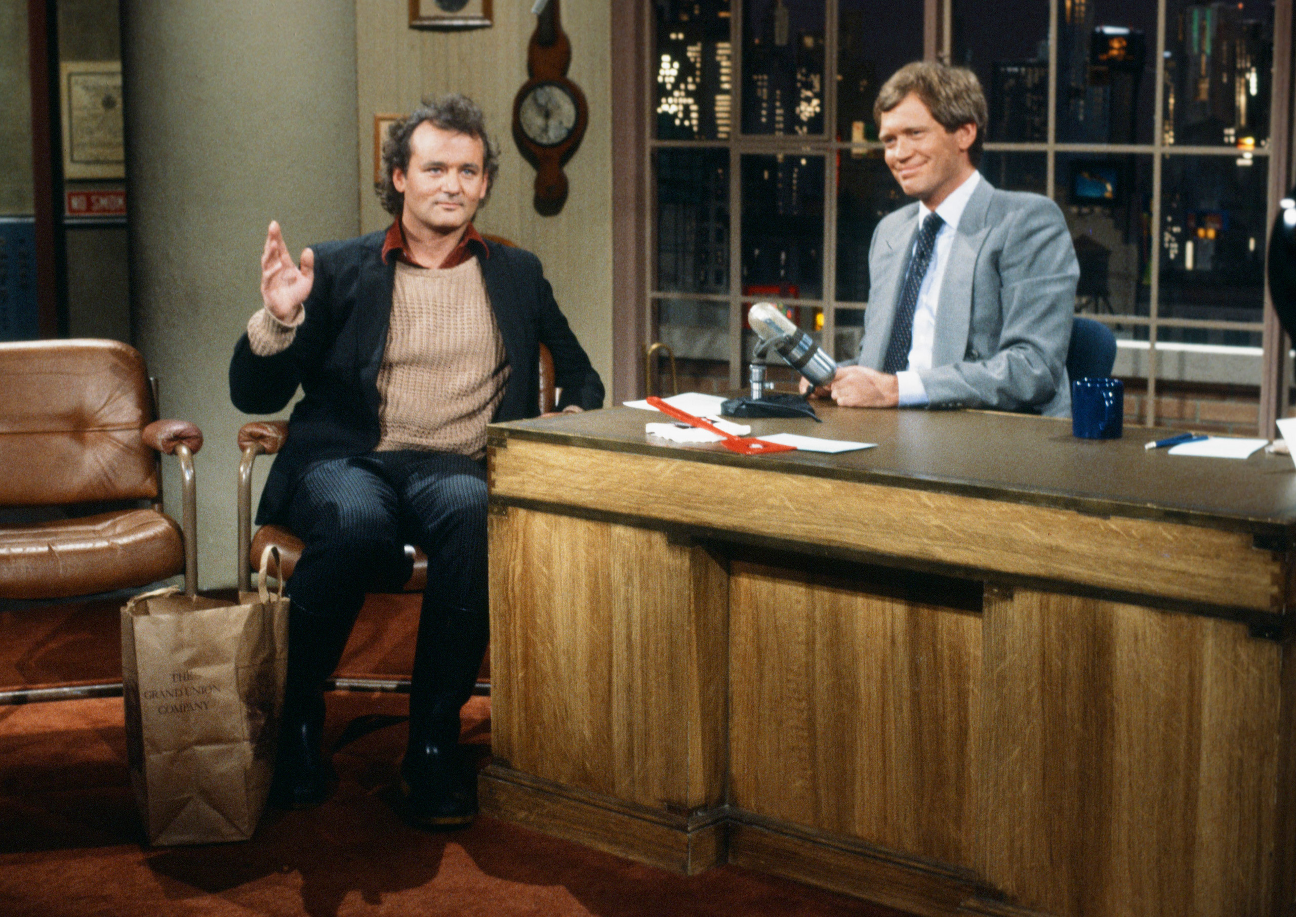 Bill Murray with host David Letterman on Late Night with David Letterman on May 31, 1984.