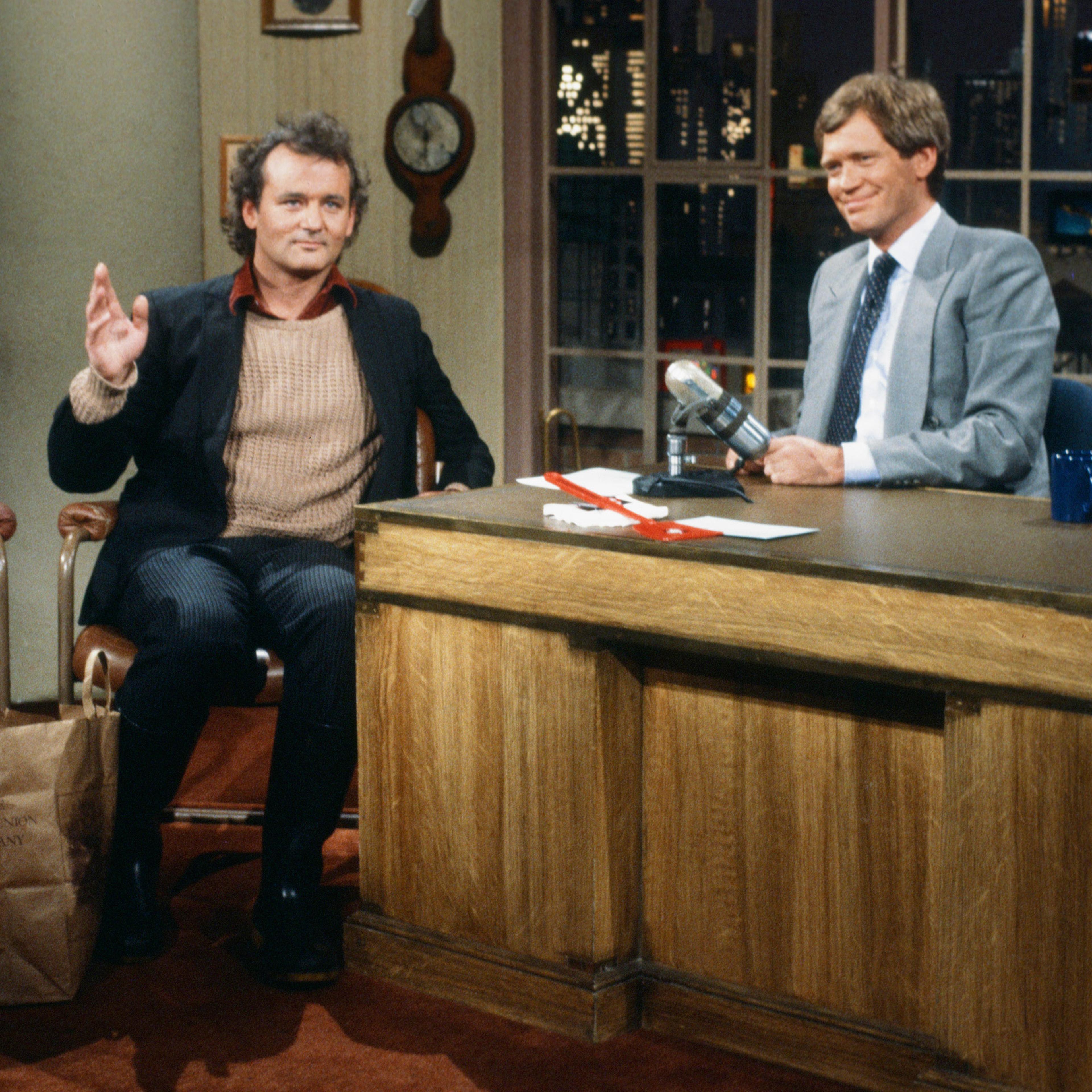 Bill Murray with host David Letterman on Late Night with David Letterman on May 31, 1984.