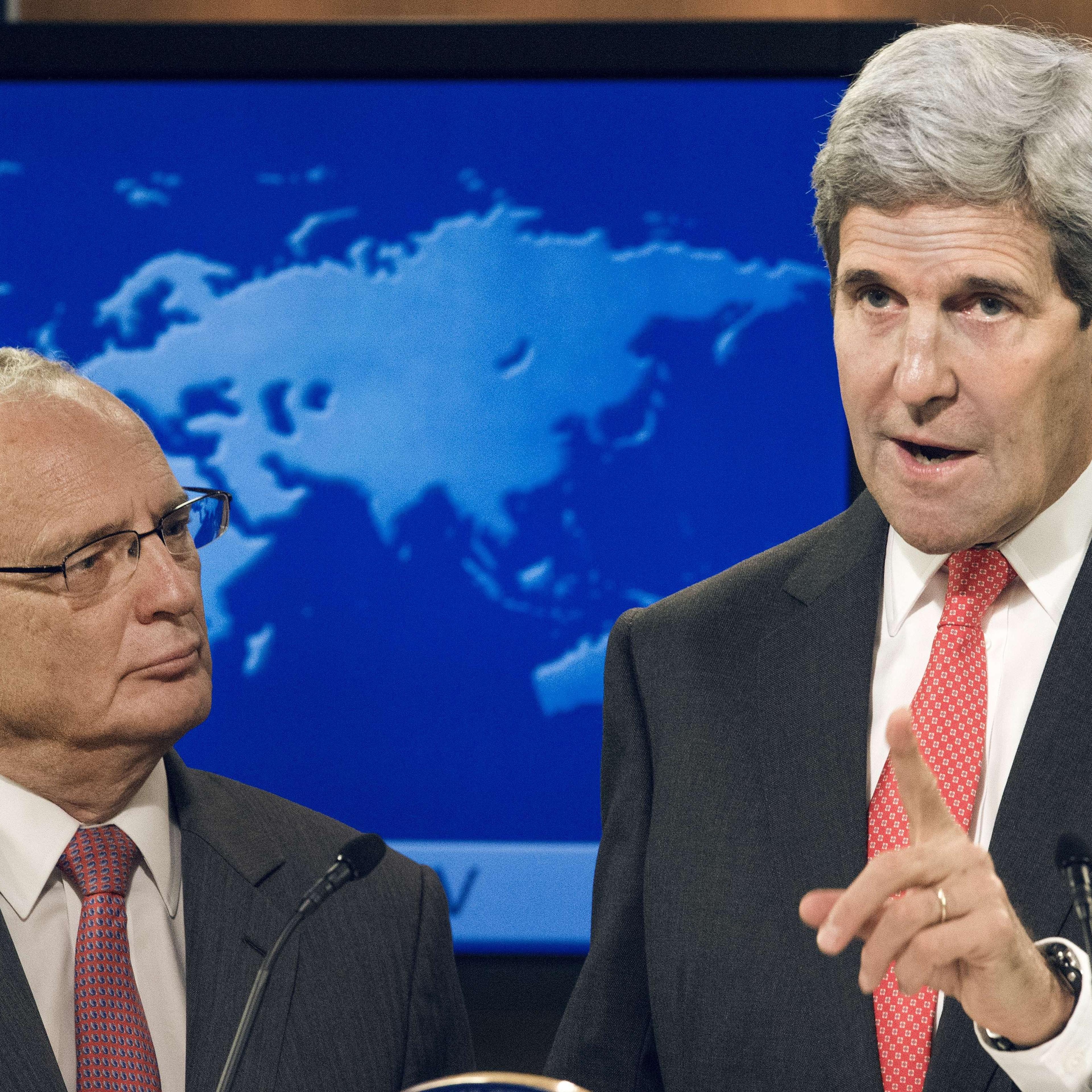 US Secretary of State John Kerry stands with Rabbi David Saperstein, the nominee for ambassador-at-large for international religious freedom, the first non-Christian to hold the job, while delivering remarks regarding the 2013 Annual Report on Internatio