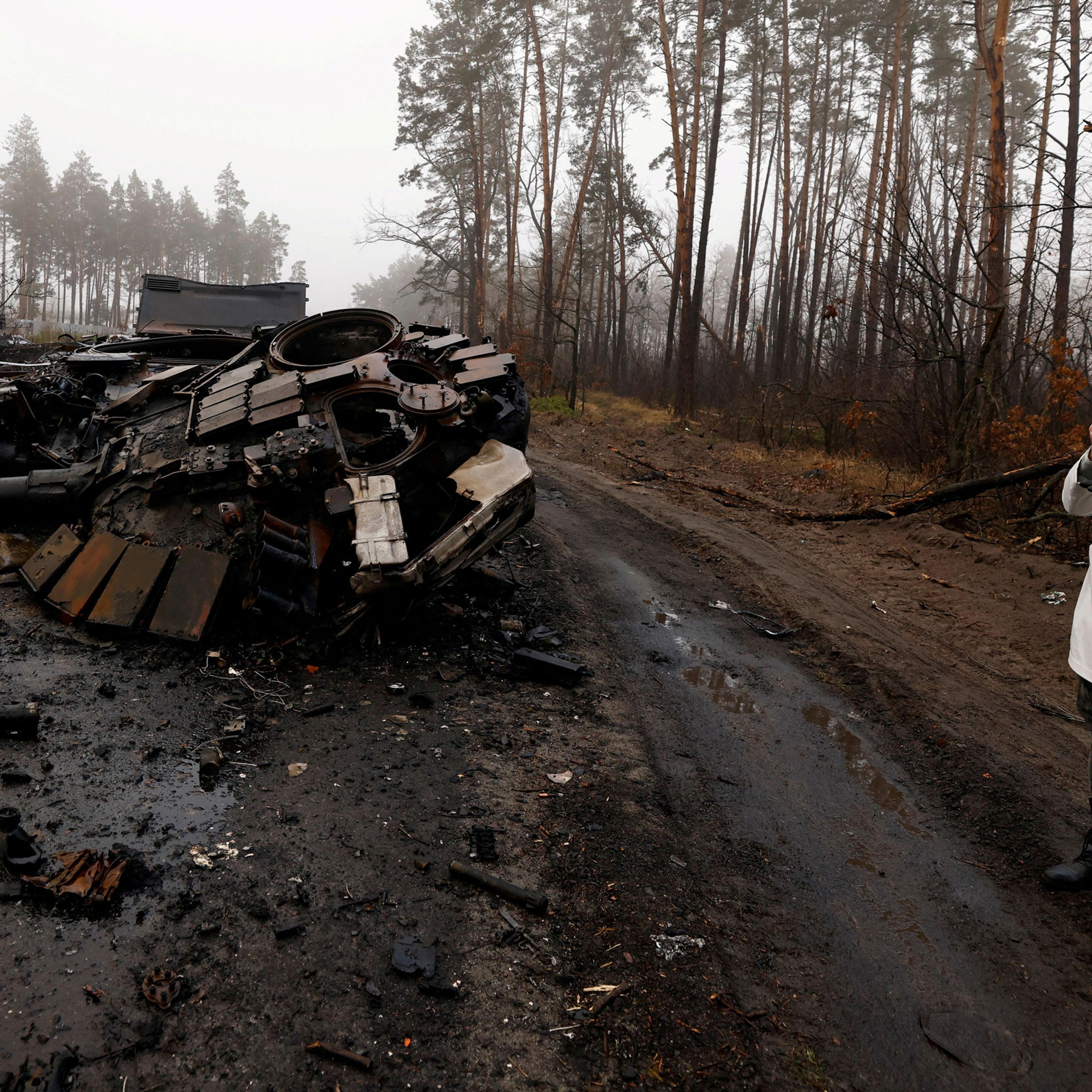 Iryna Vereshchagina films with her mobile phone destroyed Russian tanks and armoured vehicles
