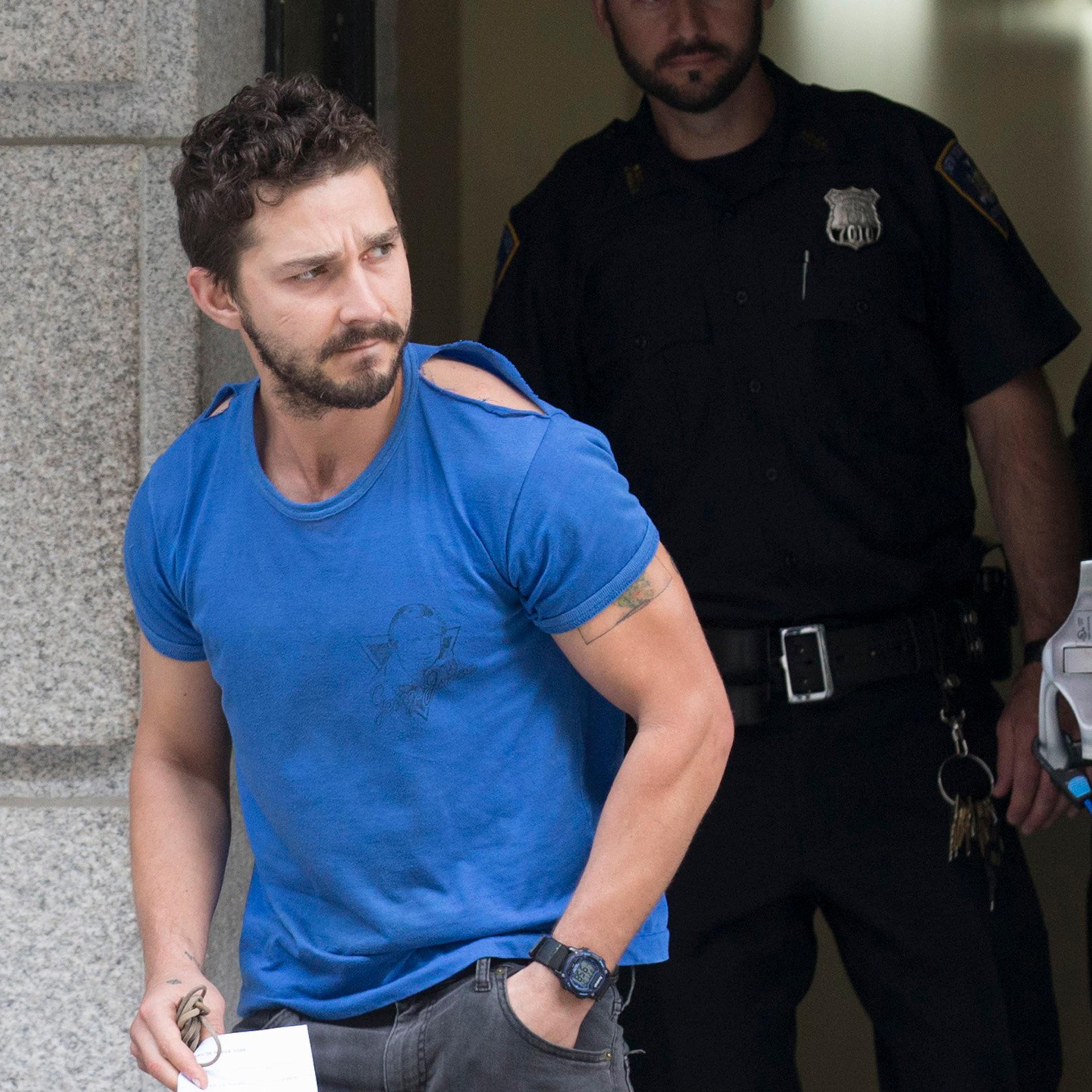 Actor Shia LaBeouf leaves Midtown Community Court after being arrested the previous day for yelling obscenities at the Broadway show "Cabaret," June 27, 2014, in New York.