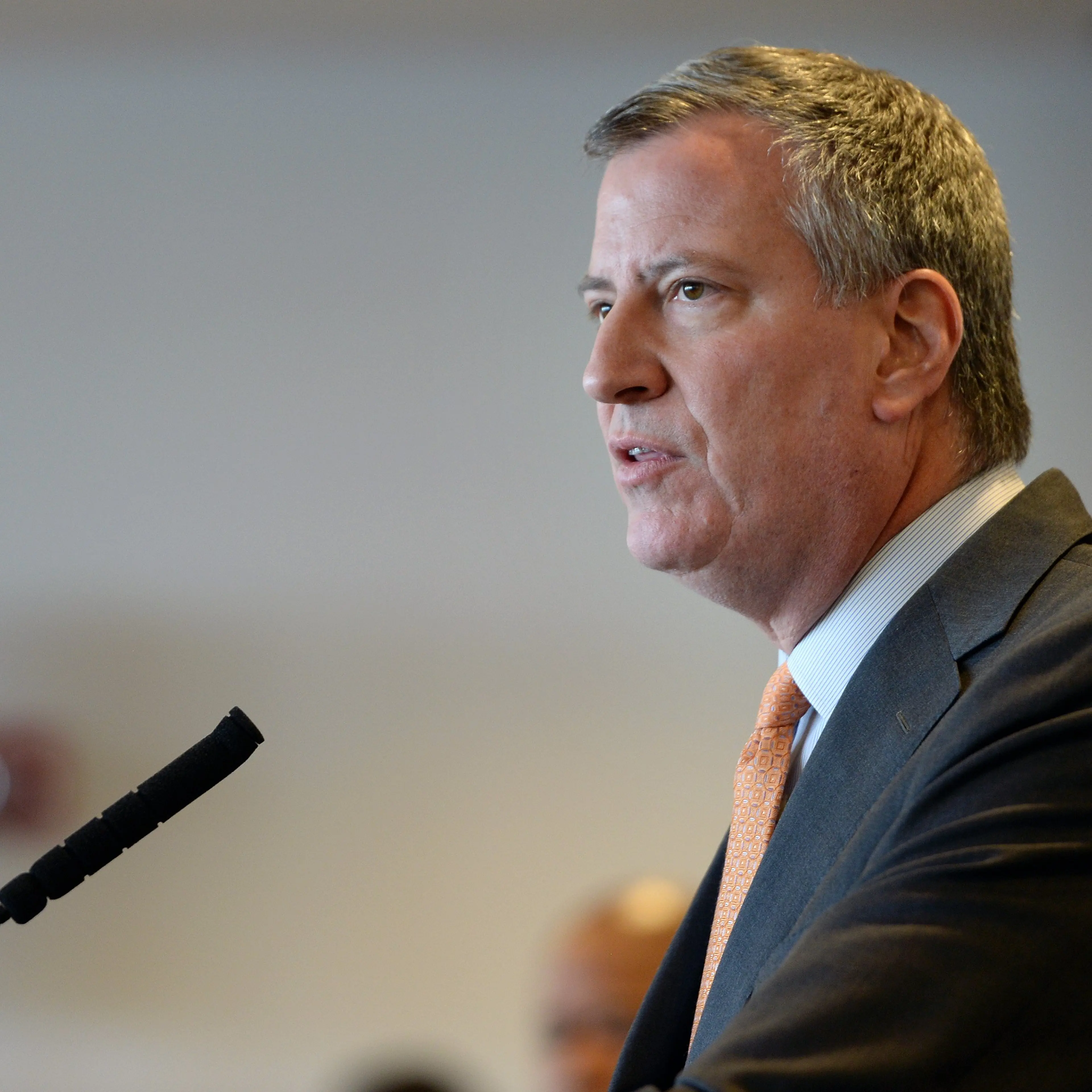 New York City Mayor Bill de Blasio holds a press conference to speak about new guidelines for NYPD officer retraining at the New York Police Academy in the Flushing section of Queens, New York, on Dec. 4, 2014.