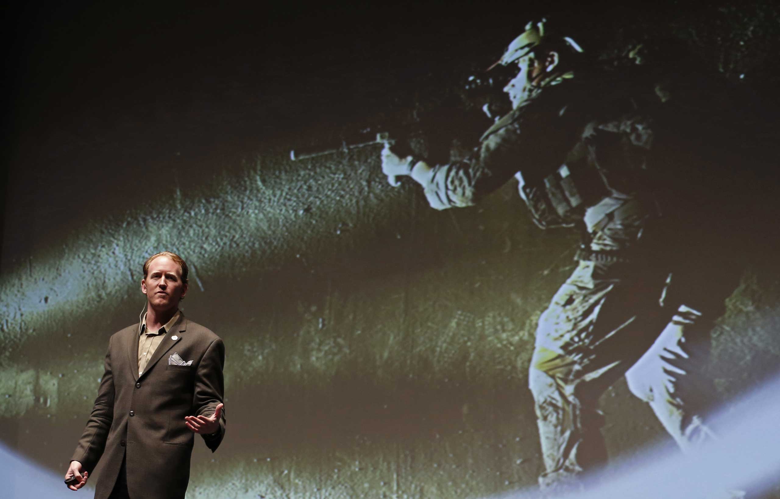 Robert O'Neill, a former U.S. Navy SEAL, speaks at the "Best of Blount" Chamber of Commerce awards ceremony at the Clayton Center for the Arts in Maryville, Tenn., Nov. 6, 2014.