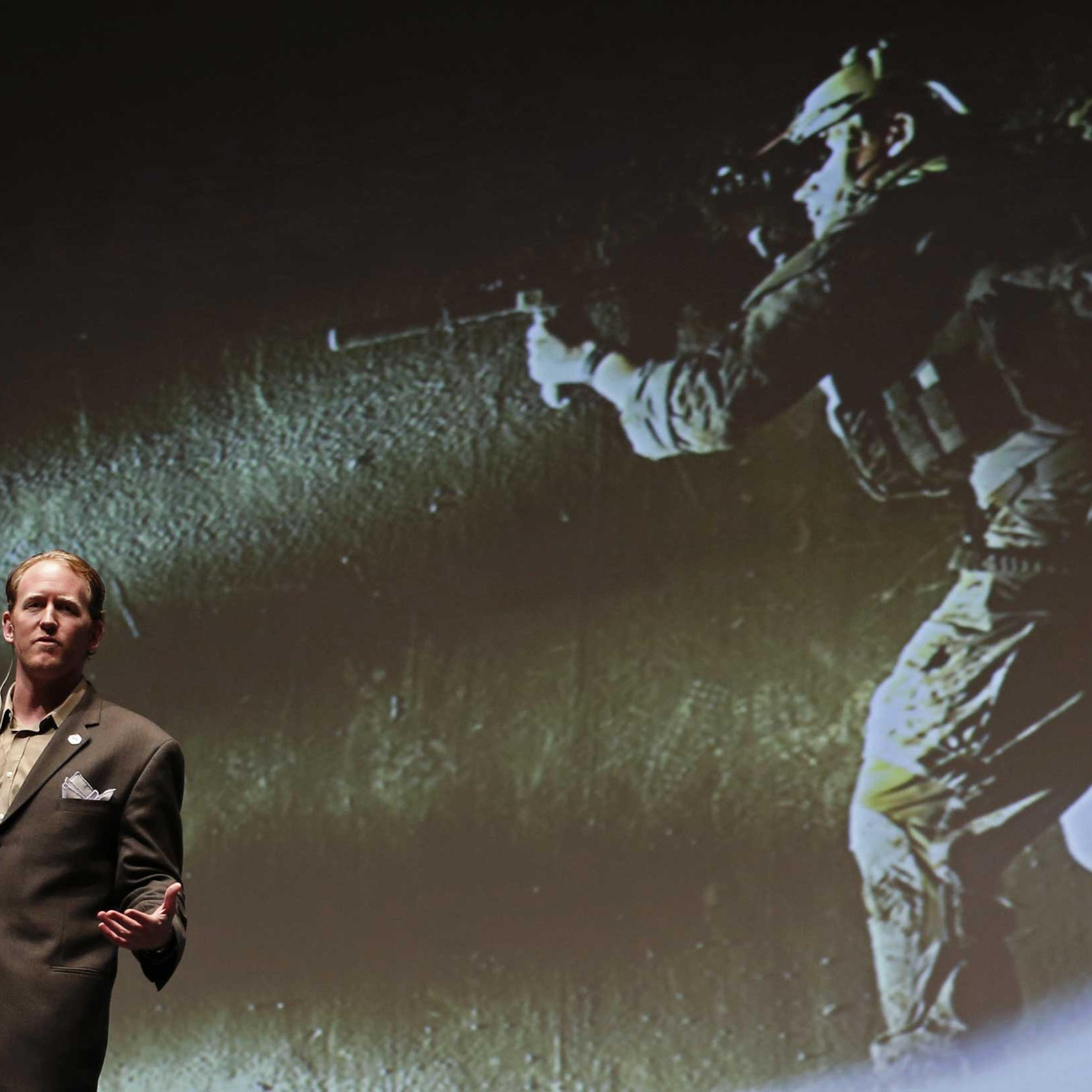 Robert O'Neill, a former U.S. Navy SEAL, speaks at the "Best of Blount" Chamber of Commerce awards ceremony at the Clayton Center for the Arts in Maryville, Tenn., Nov. 6, 2014.