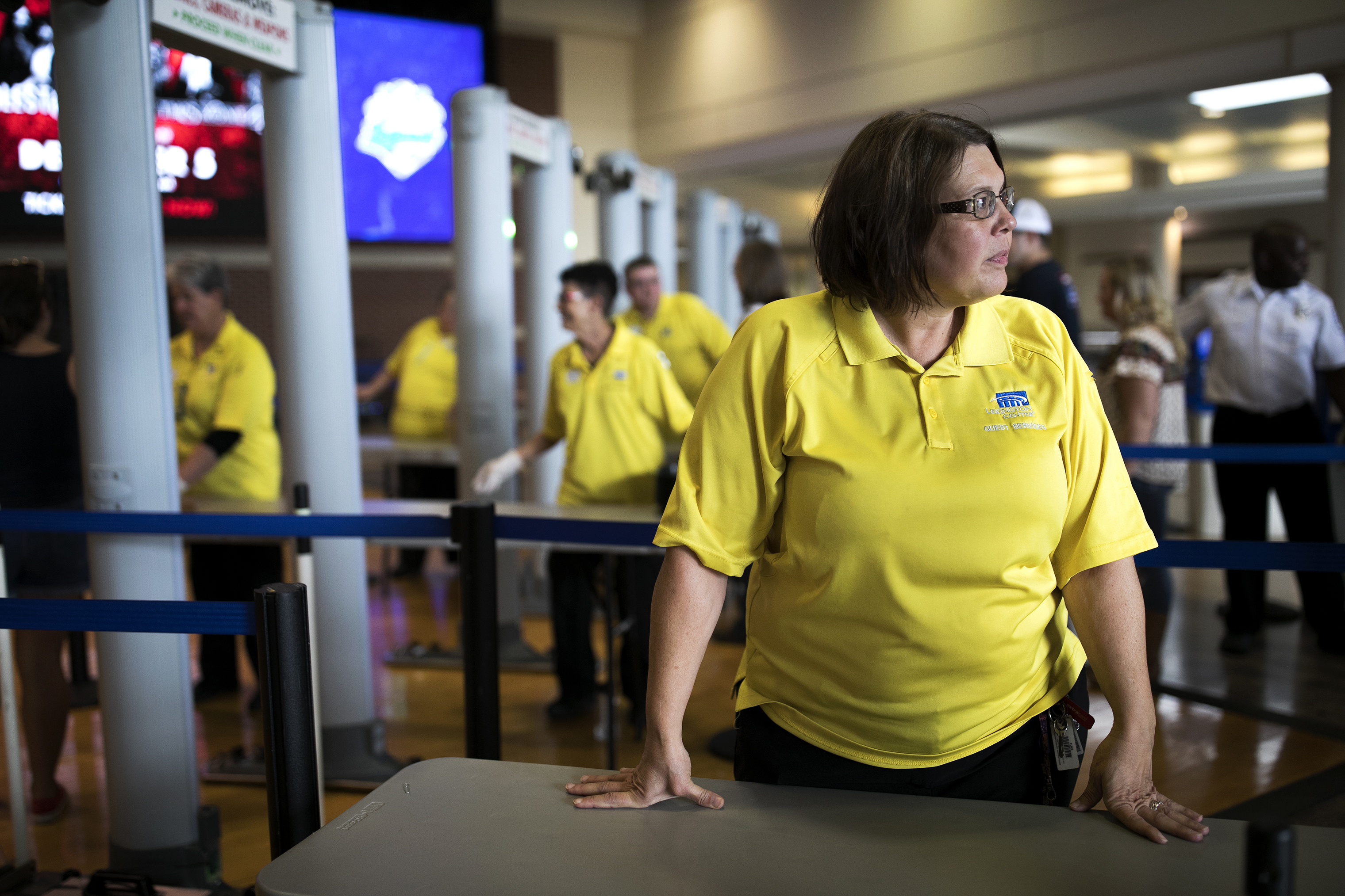 Hope Brown works at Rupp Arena in Lexington, KY on Aug. 31.