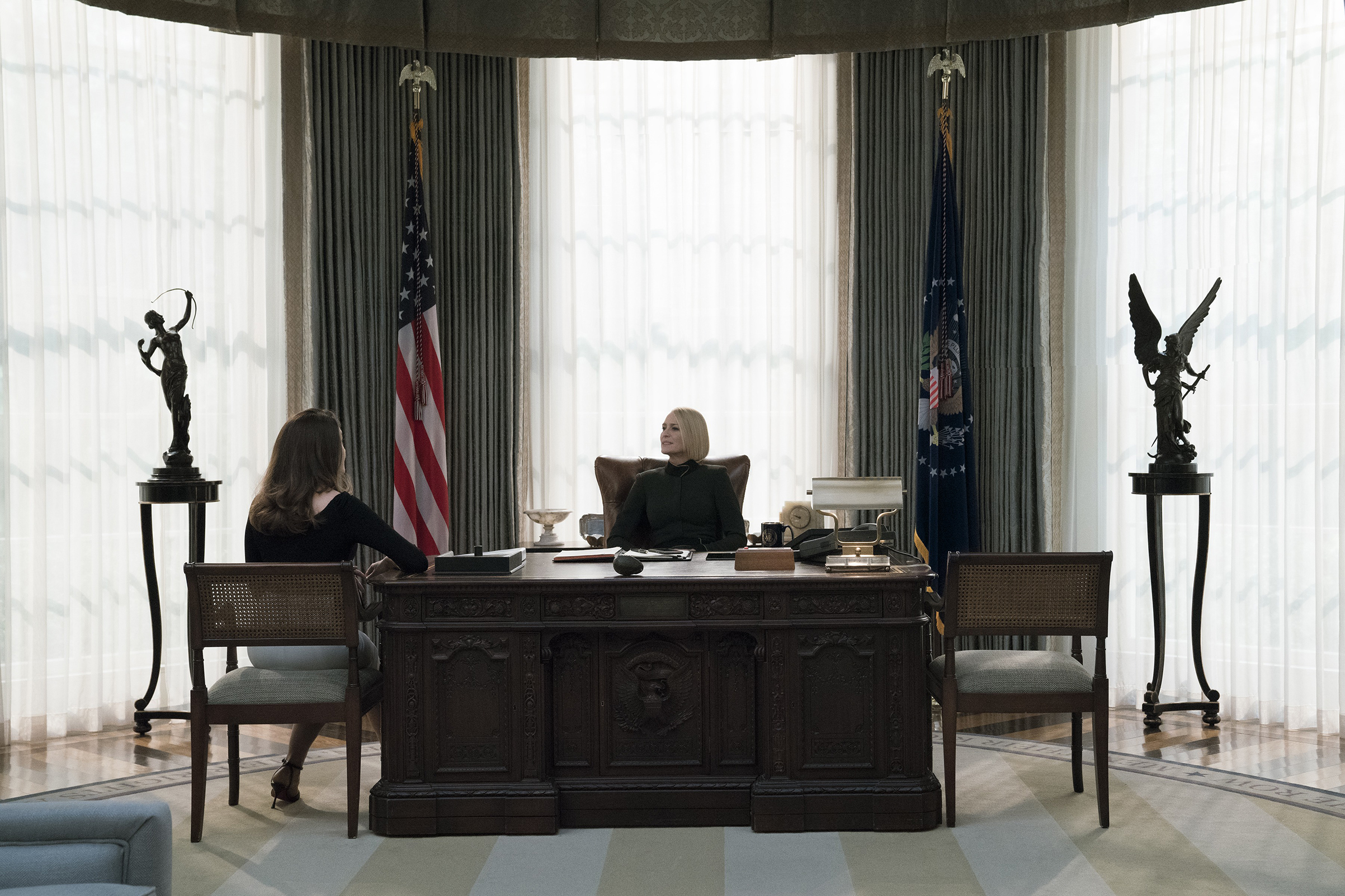 Robin Wright’s Claire Underwood assumes the presidency on House of Cards but still has to live in her husband’s shadow