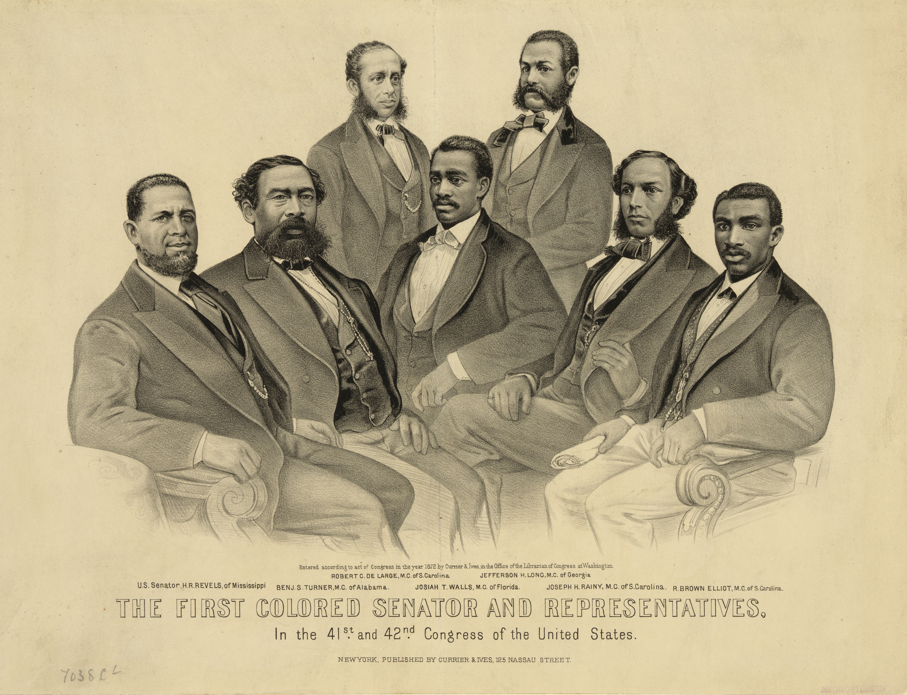 A group portrait of the first African-American legislators in the 41st and 42nd Congress