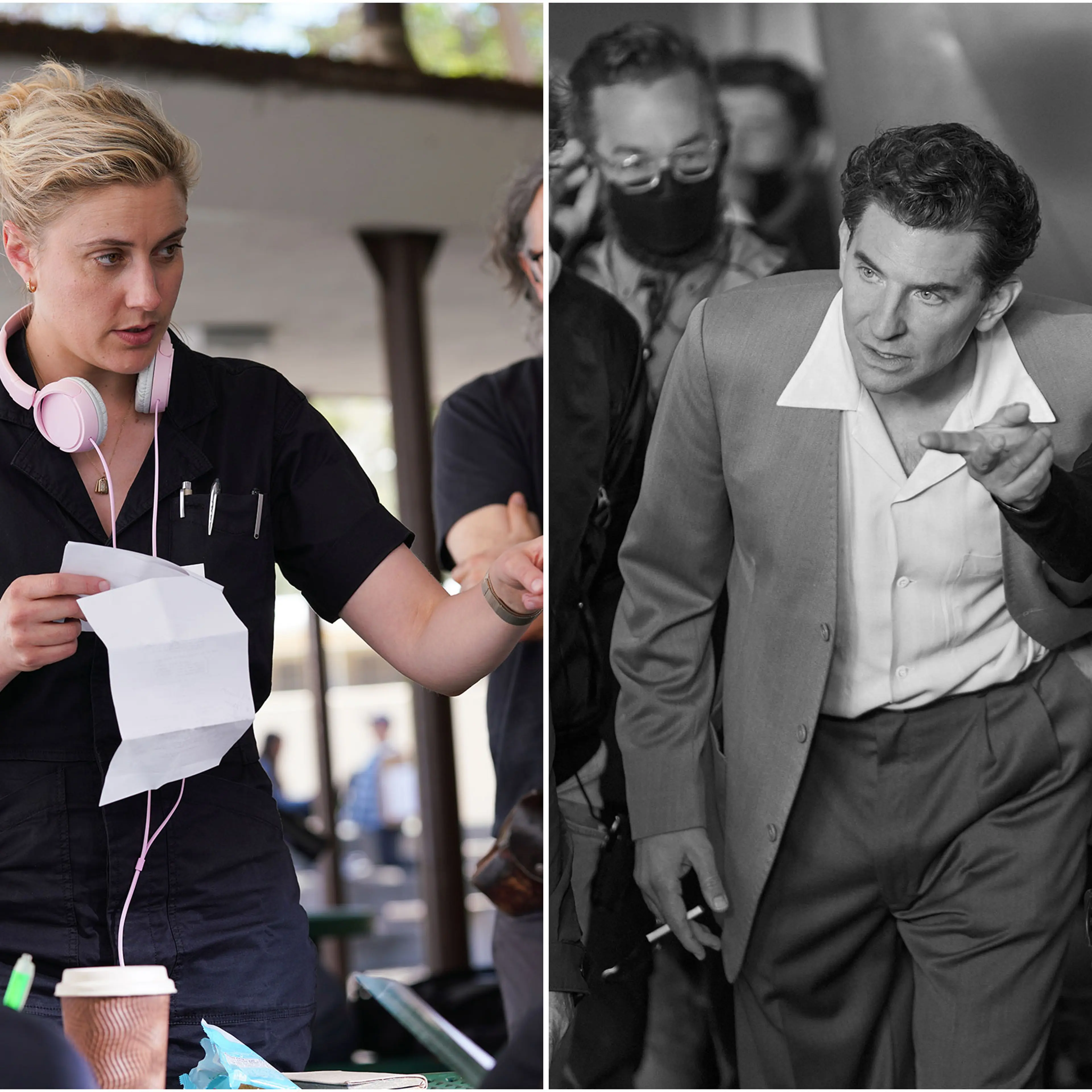 Greta Gerwig on the set of Barbie and Bradley Cooper on the set of Maestro