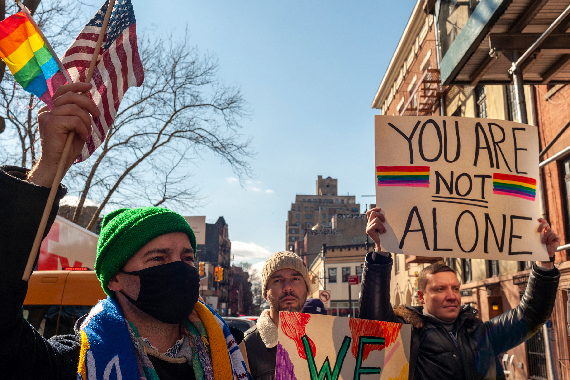 Members of the LGBTQ+ community, their supporters and Ukrainian-Americans protest the Russian invasion and show support for the citizens of the Ukraine,