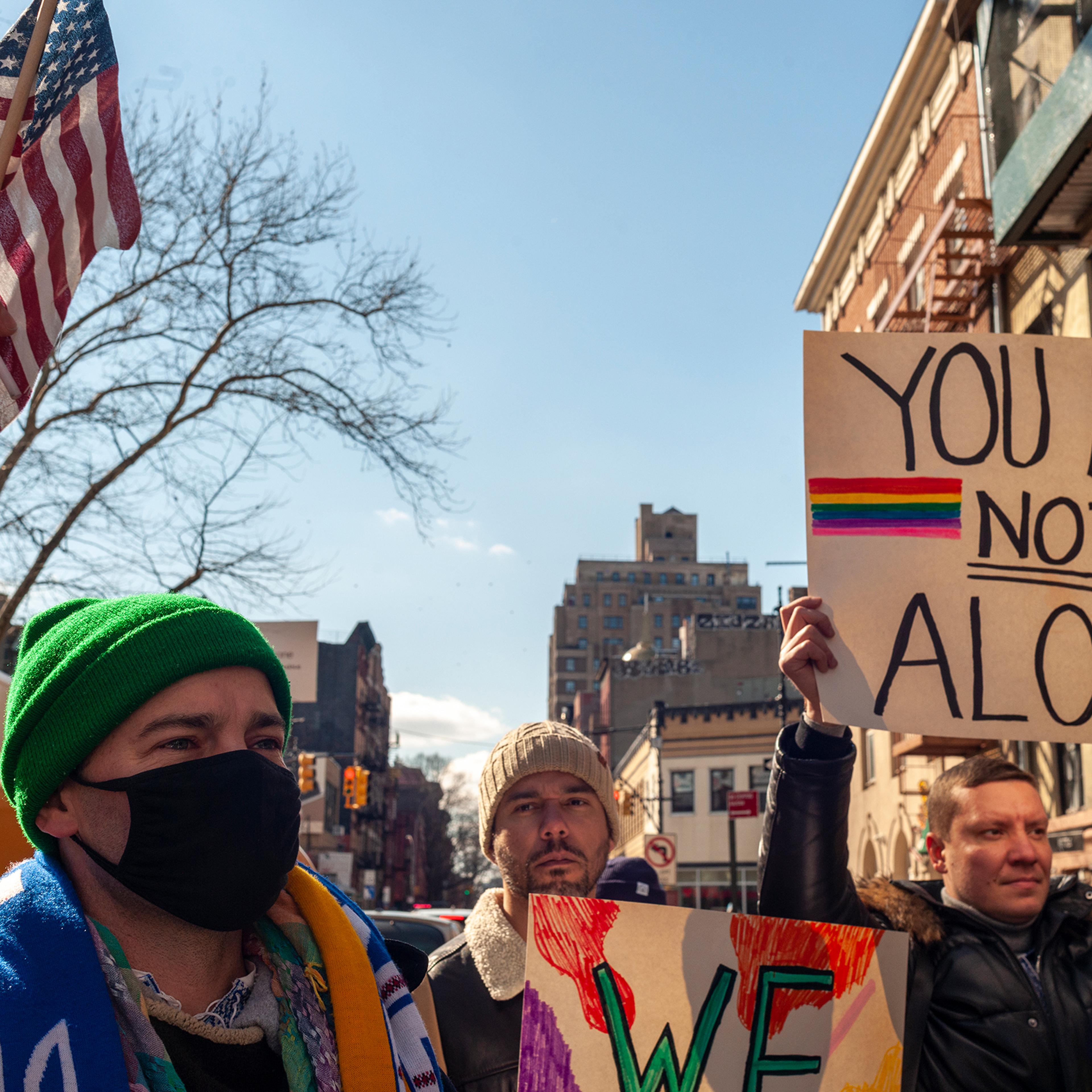 Members of the LGBTQ+ community, their supporters and Ukrainian-Americans protest the Russian invasion and show support for the citizens of the Ukraine,