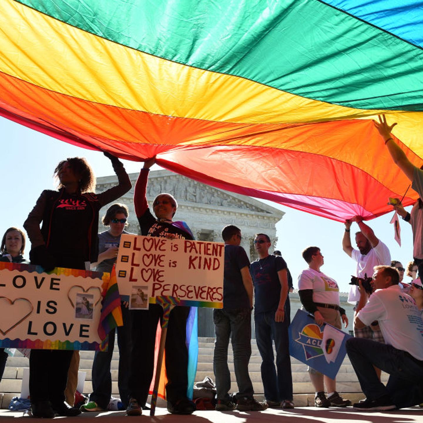 WASHINGTON, DC - APRIL 28: Supporters of gay marriage stand ben