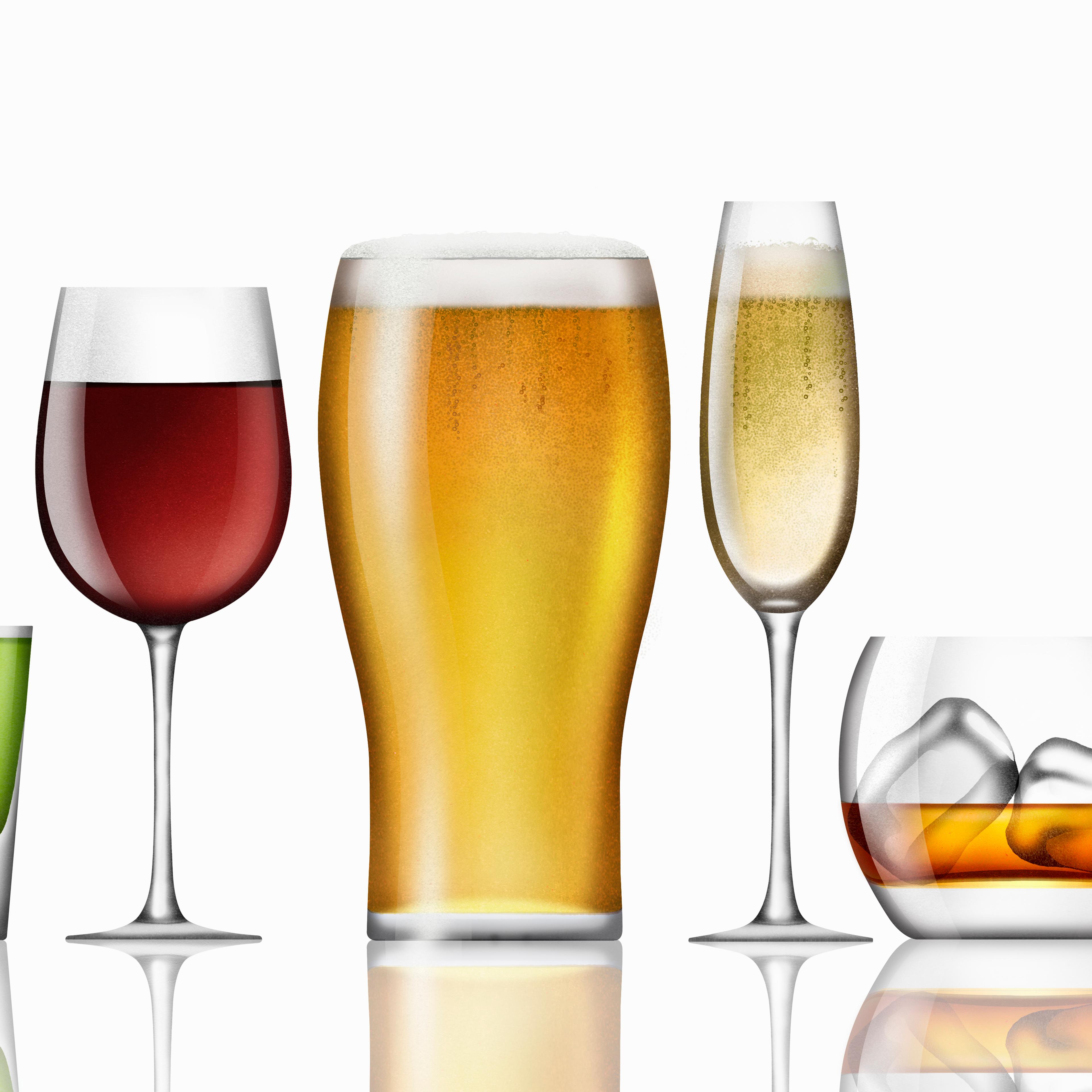 Range of different alcoholic drinks in a row