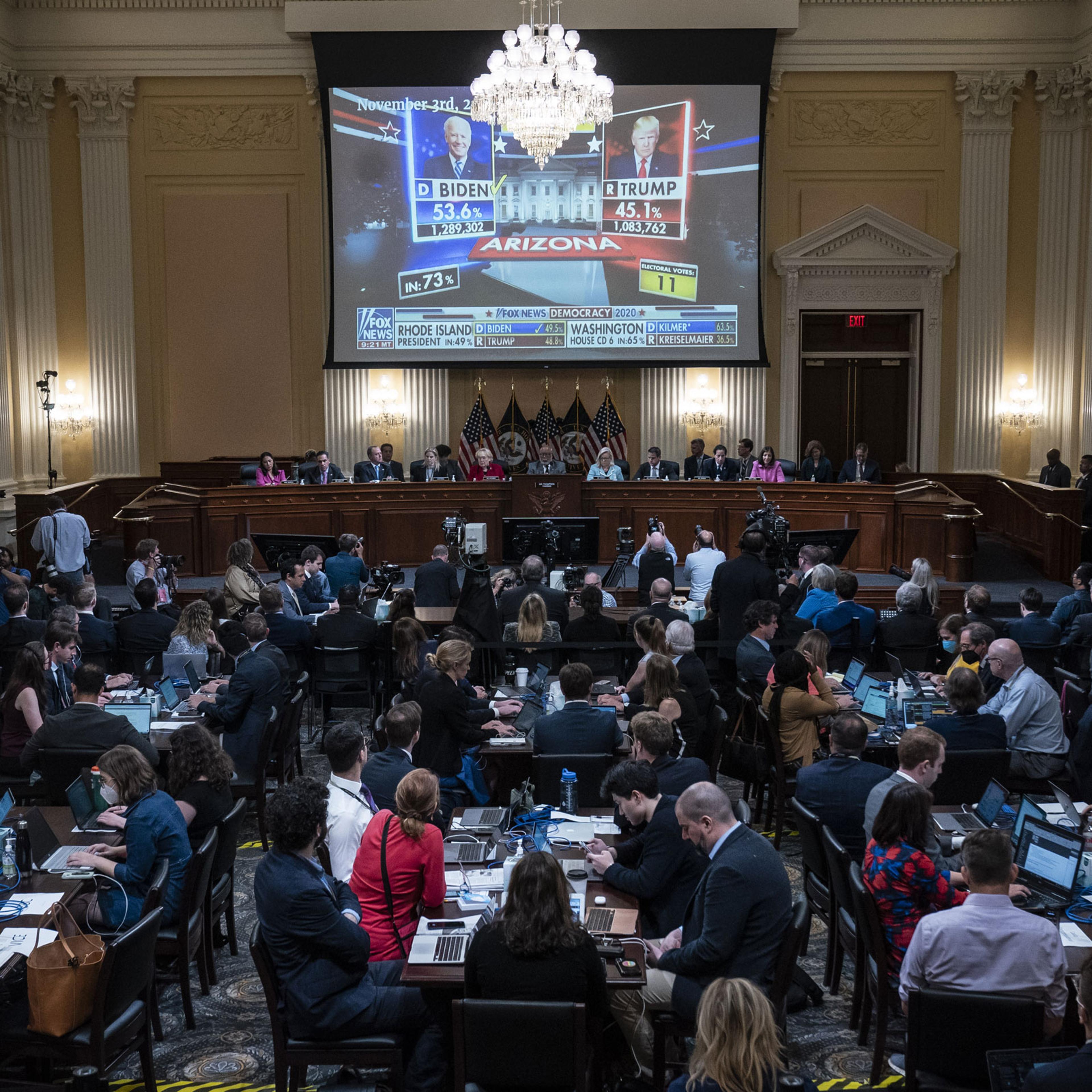 A Fox News video of former US President Donald Trump and President Joe Biden displayed on a screen during a hearing of the Select Committee to Investigate the January 6th Attack on the US Capitol