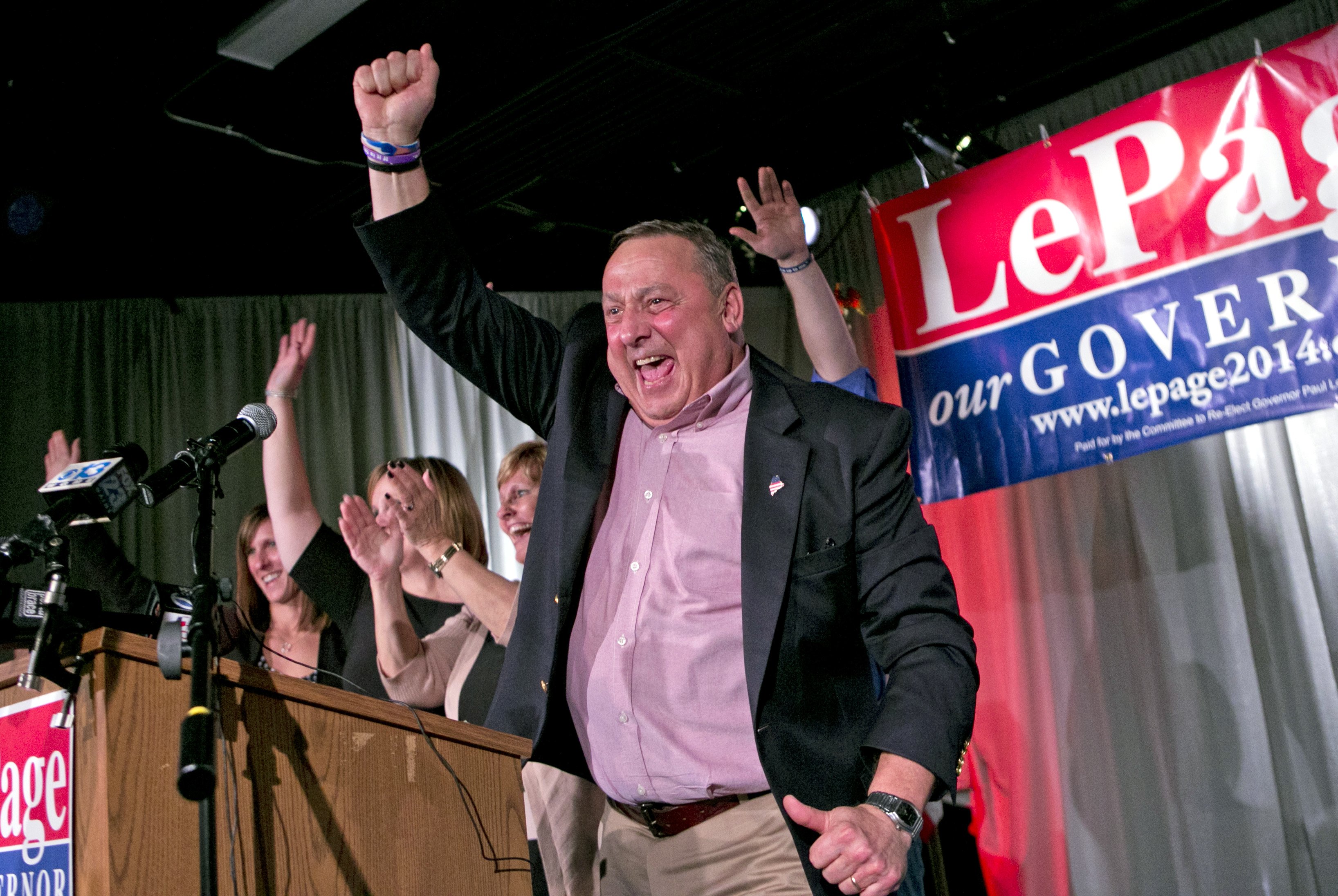 Gov. Paul LePage celebrates his re-election bid at his election night party on Nov. 5, 2014, in Lewiston, Maine.