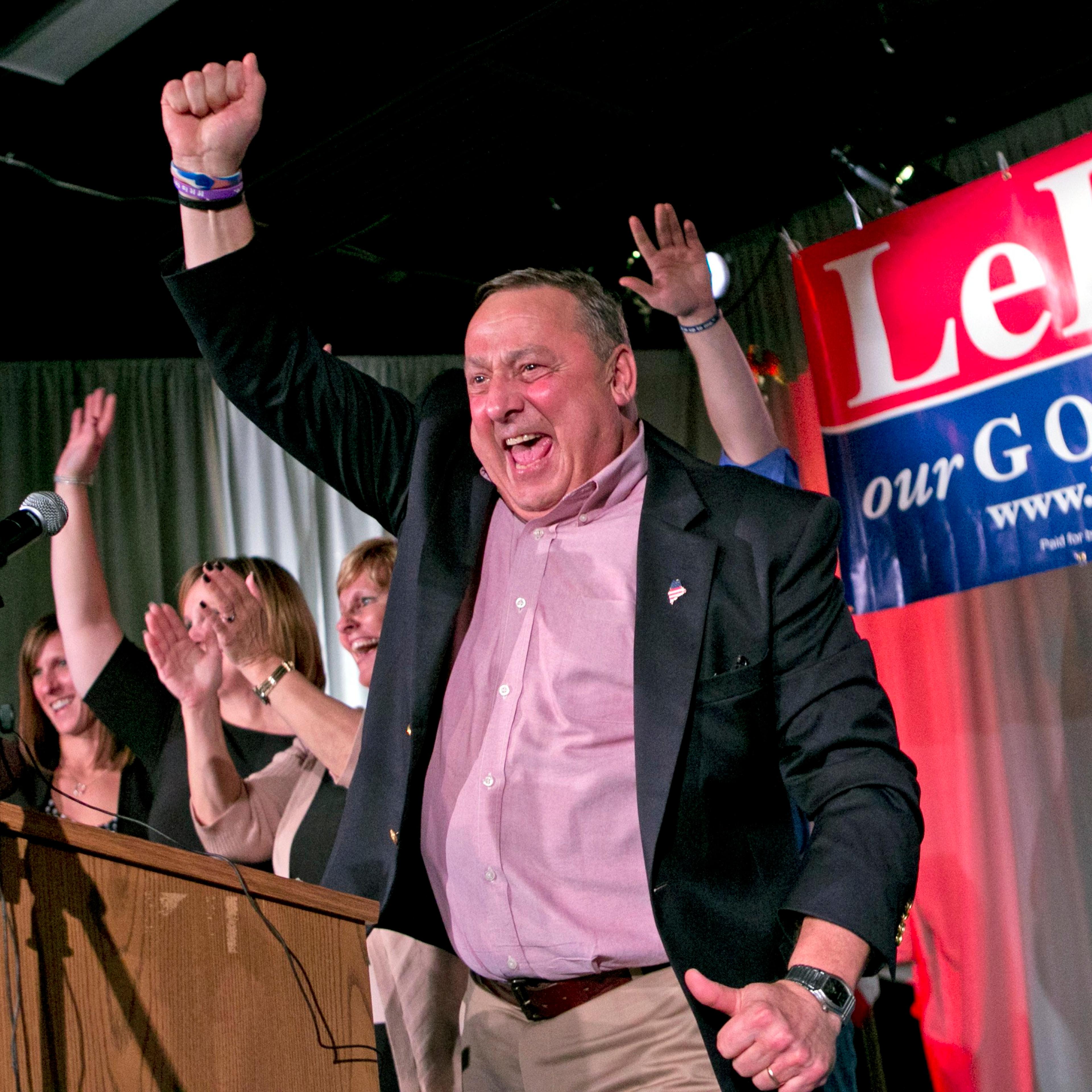 Gov. Paul LePage celebrates his re-election bid at his election night party on Nov. 5, 2014, in Lewiston, Maine.