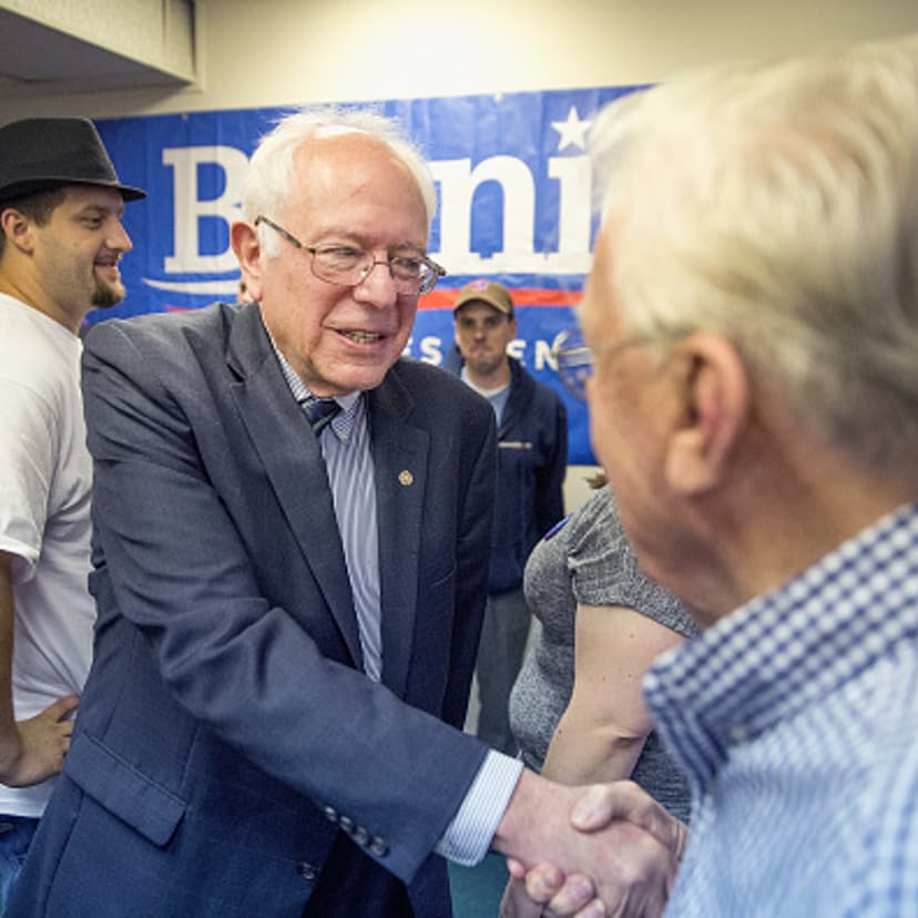 Democratic Presidential candidate and U.S. Sen. Bernie Sanders (I-VT) greets supporters during a visit to his Iowa campaign headquarters on June 13, 2015 in Des Moines, Iowa.