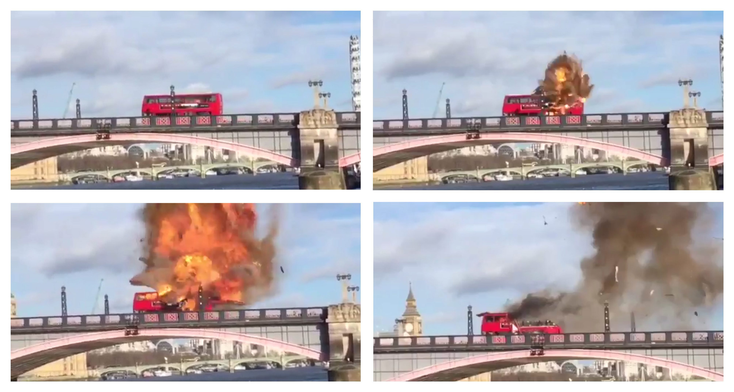 epa05149922 A handout composite picture taken from a video provided by the London Fire Brigade on 08 February 2016 shows a London double-decker bus exploding during the filming of a movie on Lambeth Bridge in London, Britain, 07 February 2016. According 