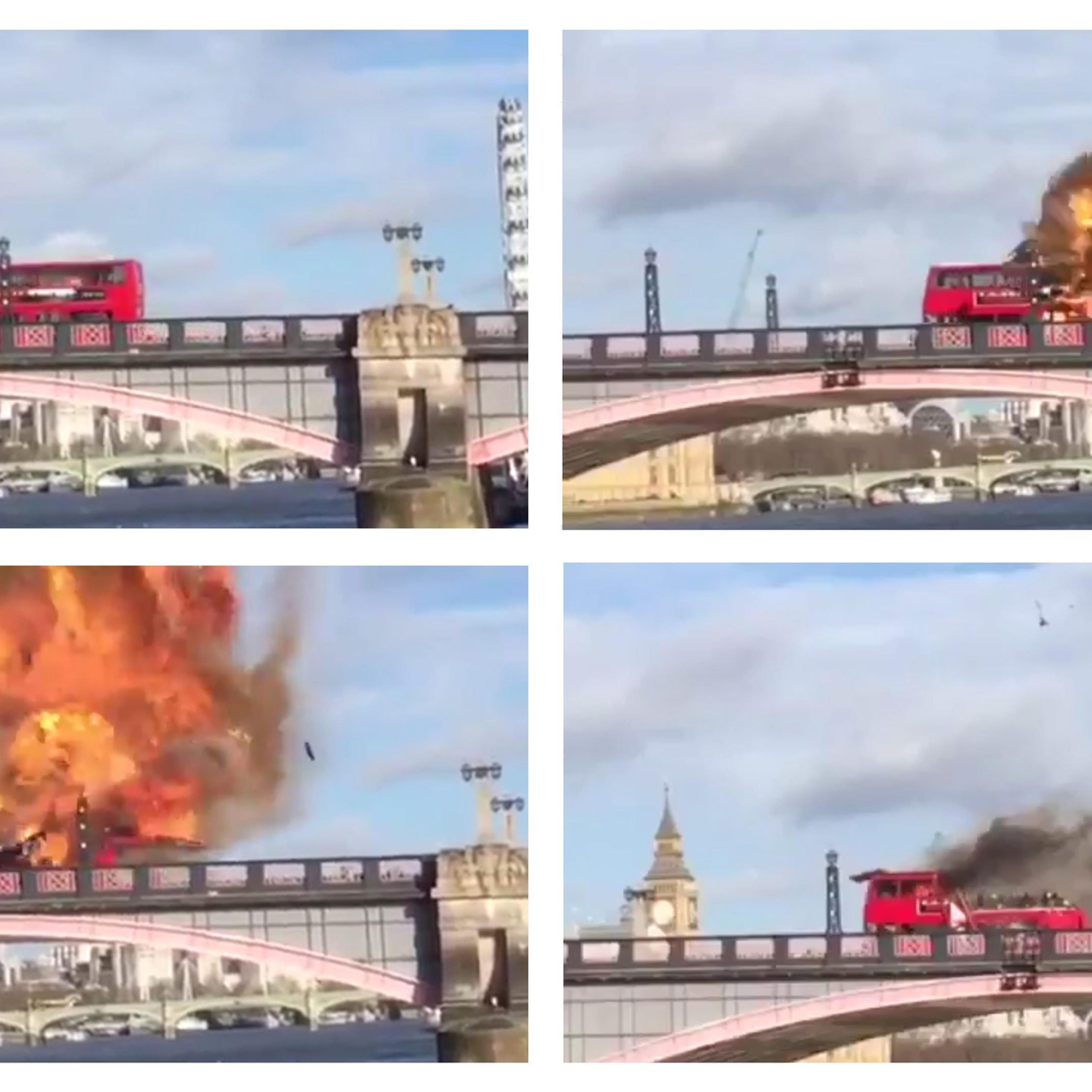 epa05149922 A handout composite picture taken from a video provided by the London Fire Brigade on 08 February 2016 shows a London double-decker bus exploding during the filming of a movie on Lambeth Bridge in London, Britain, 07 February 2016. According