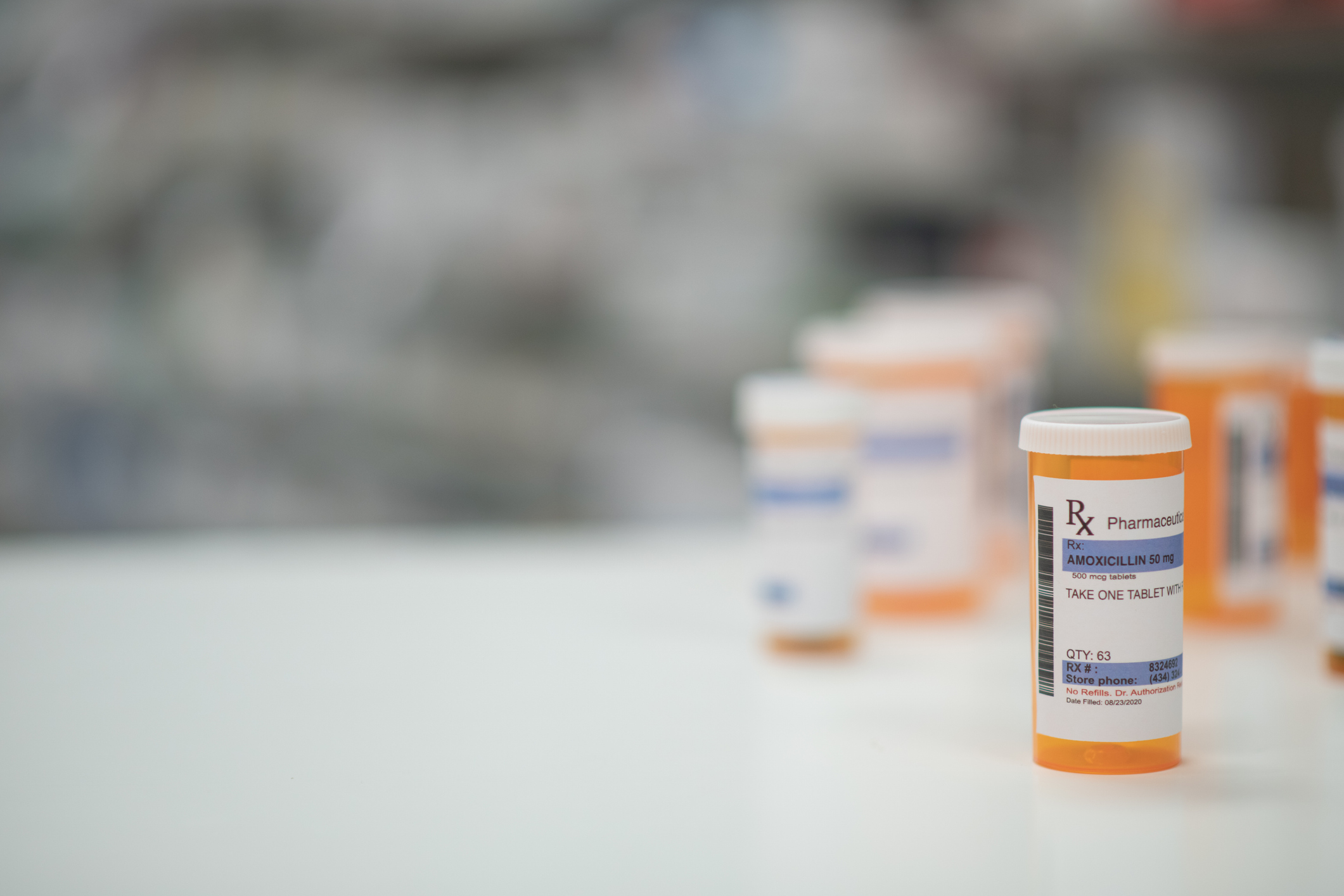 Prescription drug bottles at a pharmacy