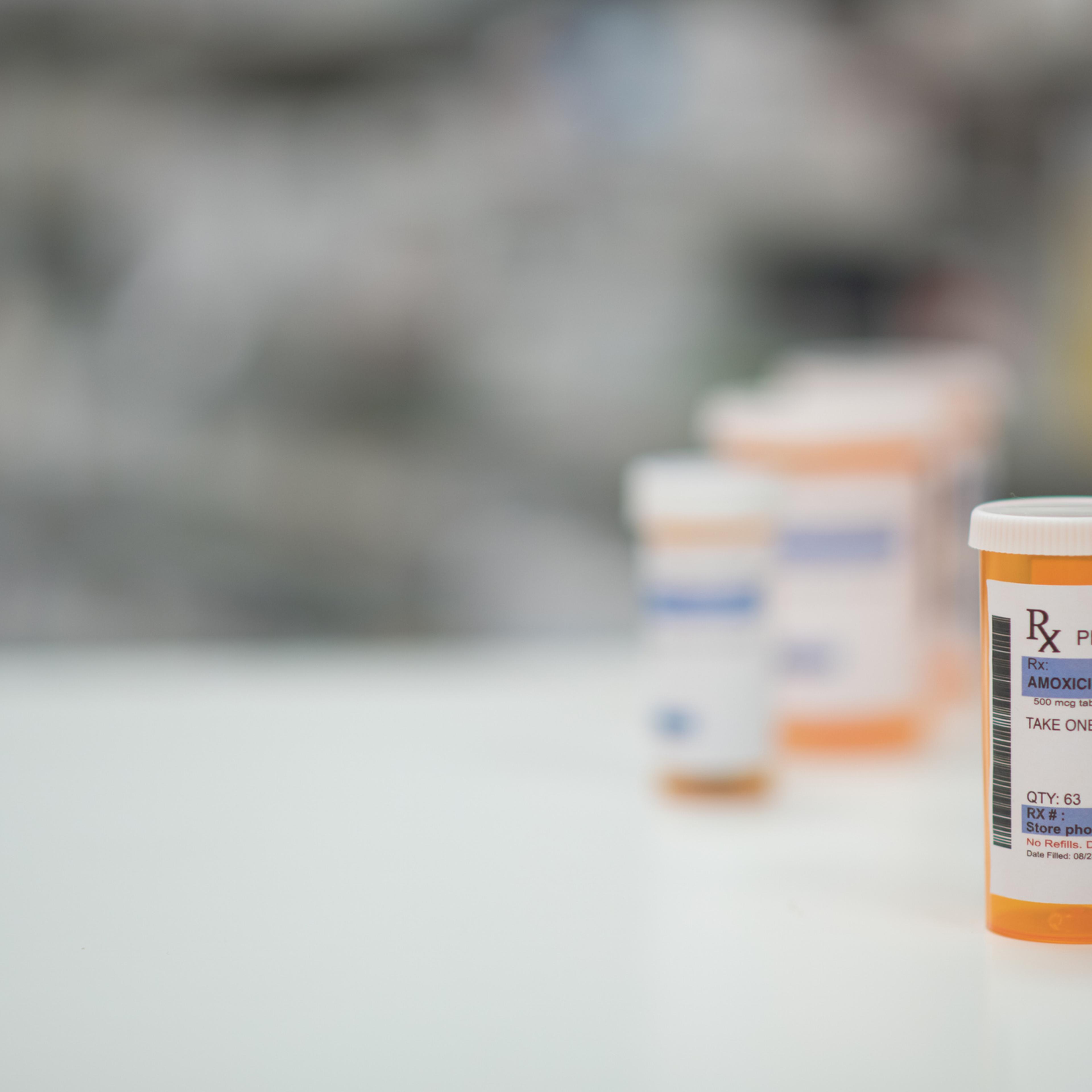 Prescription drug bottles at a pharmacy