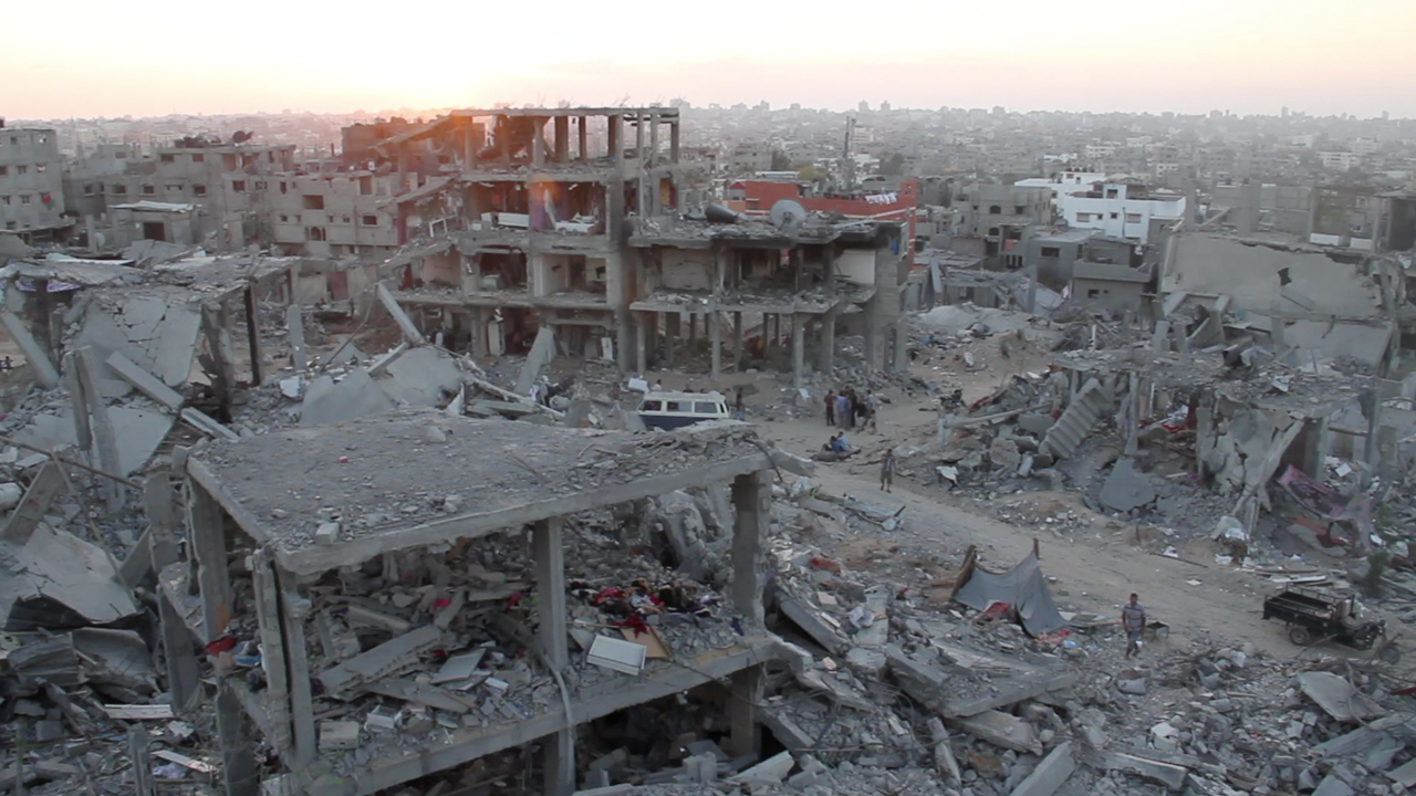 Demolished buildings are seen in Gaza