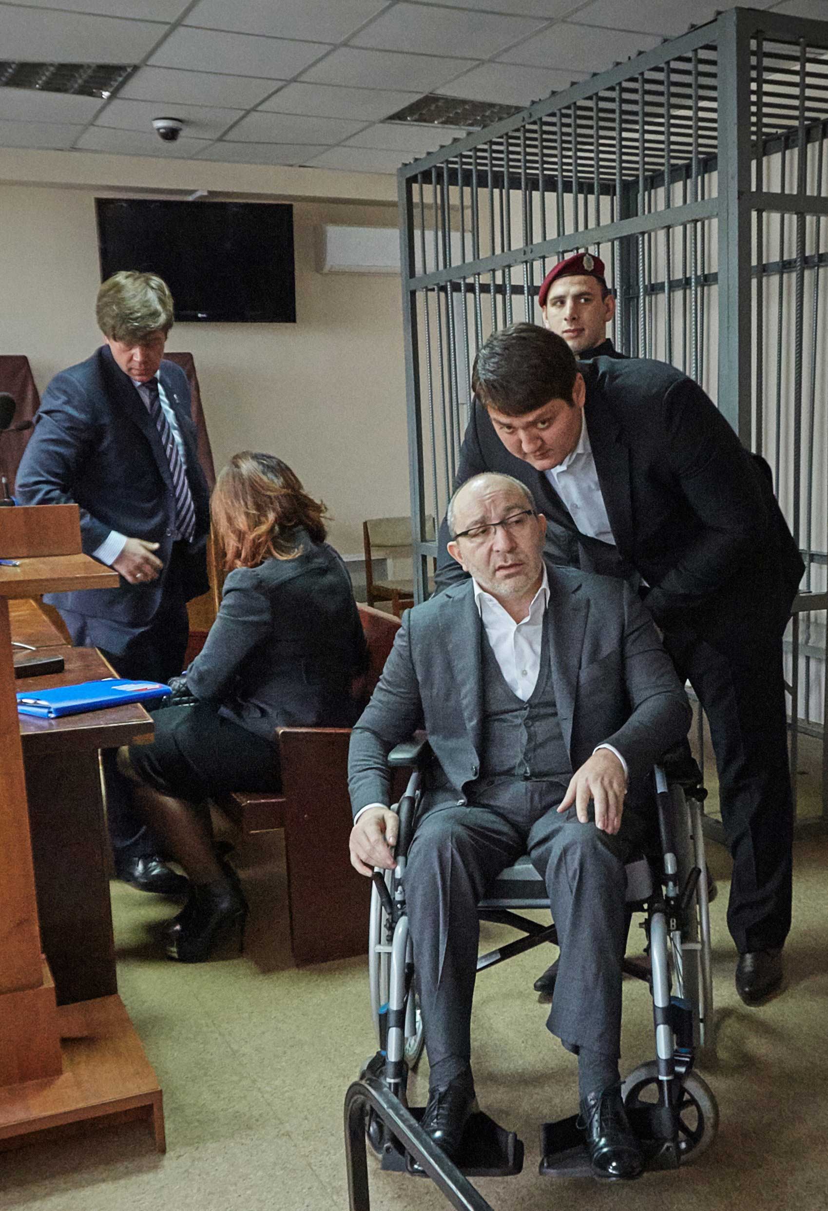 Kharkov mayor Hennadiy Kernes appears at a hearing at Kharkov's Dzerzhinsky District Court, Ukraine on March 31, 2015.