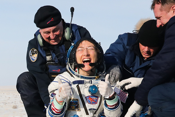 NASA astronaut Christina Koch after the landing of the space capsule of the Soyuz MS-13 spacecraft carrying the ISS Expedition 61 crew members in a steppe, 147 km southwest of the city of Zhezqazghan, Kazakhstan, on Feb. 6, 2020.