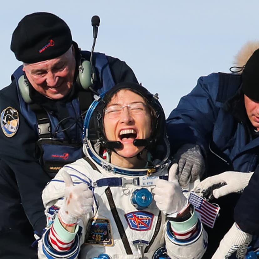 NASA astronaut Christina Koch after the landing of the space capsule of the Soyuz MS-13 spacecraft carrying the ISS Expedition 61 crew members in a steppe, 147 km southwest of the city of Zhezqazghan, Kazakhstan, on Feb. 6, 2020.