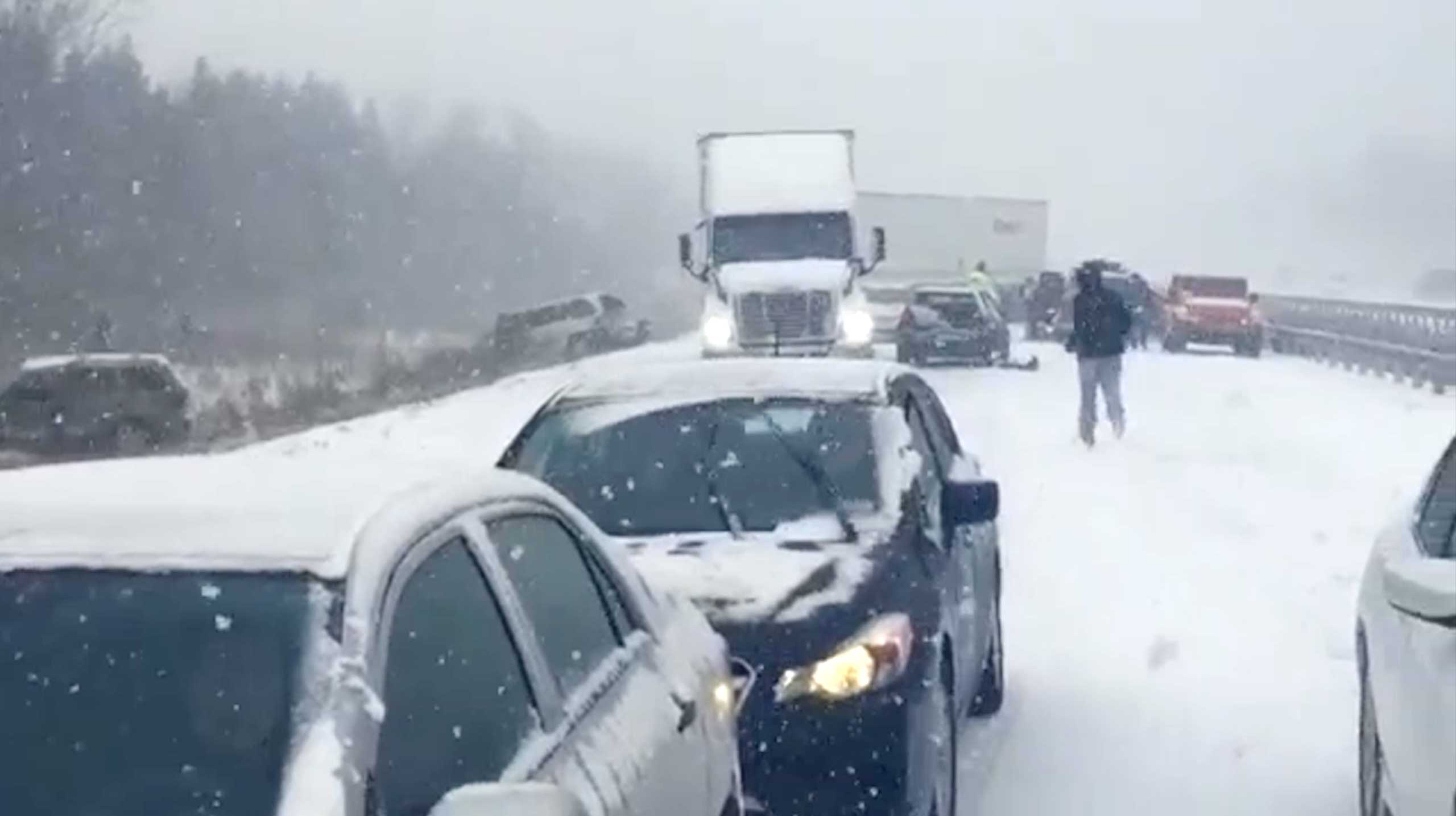 An accident involving numerous vehicles on Interstate 401 in Ontario, Canada on Jan. 1, 2015.