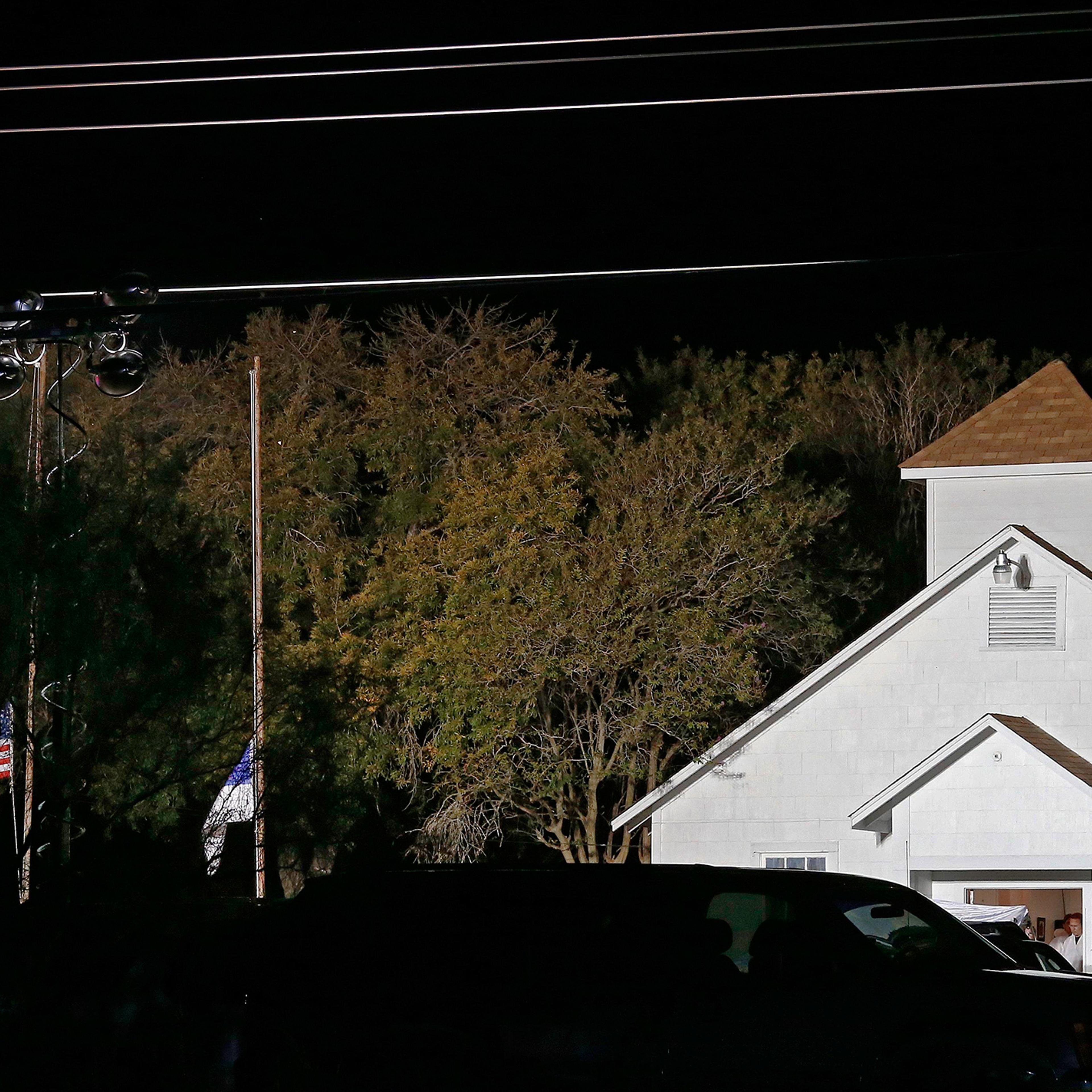 The First Baptist Church in Sutherland Springs is illuminated by raised lamps