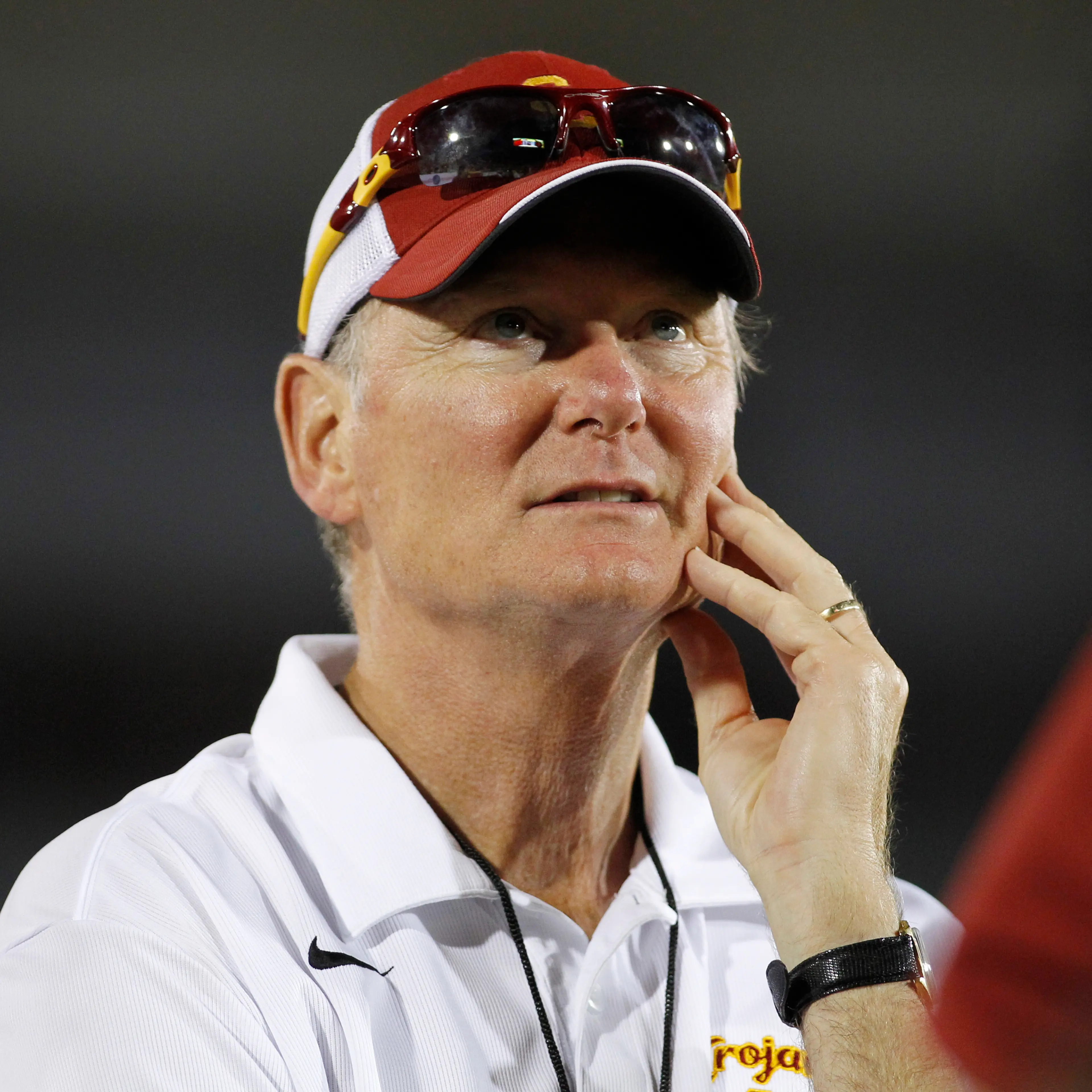 USC Trojans Athletic Director Haden stands on the sidelines during the NCAA football game against the Hawaii Warriors in Los Angeles