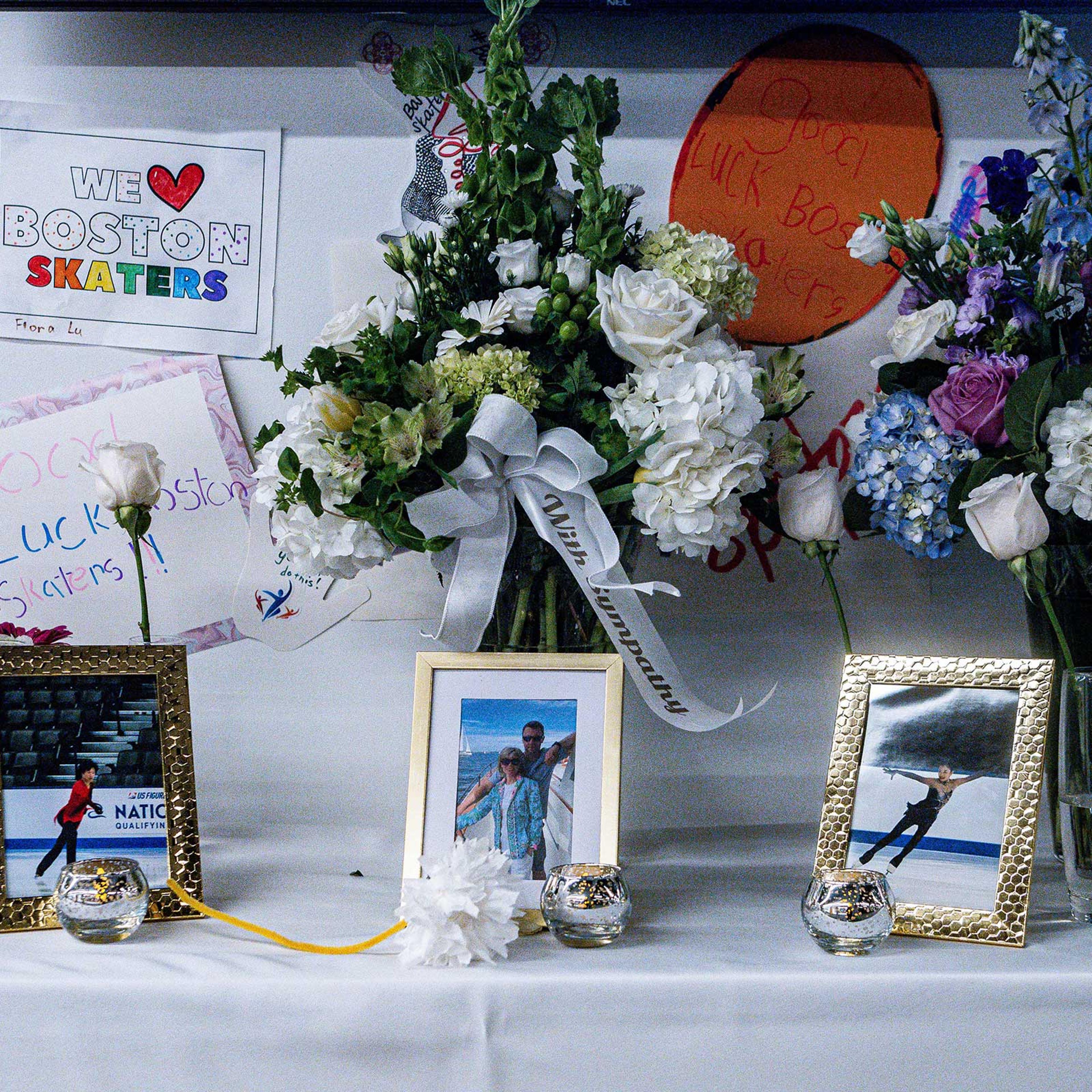 A memorial for the victims of the midair collision between an American Airlines plane and a military helicopter is displayed at the Skating Club of Boston in Norwood, Mass., on Jan. 30, 2025.