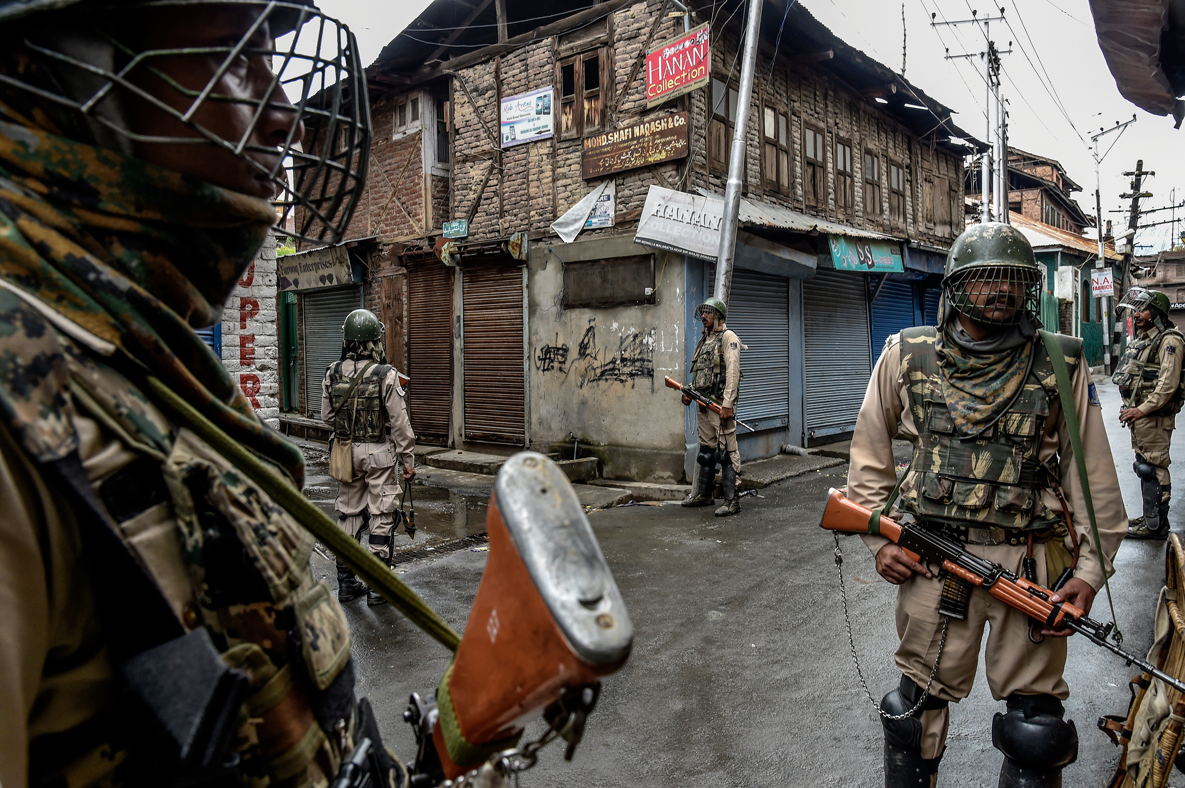 Security forces patrol in Srinagar on Aug. 10.