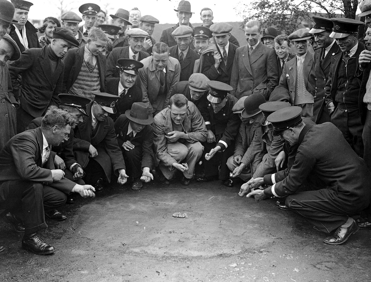 Busmen from the Crawley, Sussex depot at the Tinsley Green, Surrey marbles match v Tinsley Green, 19th April 1935