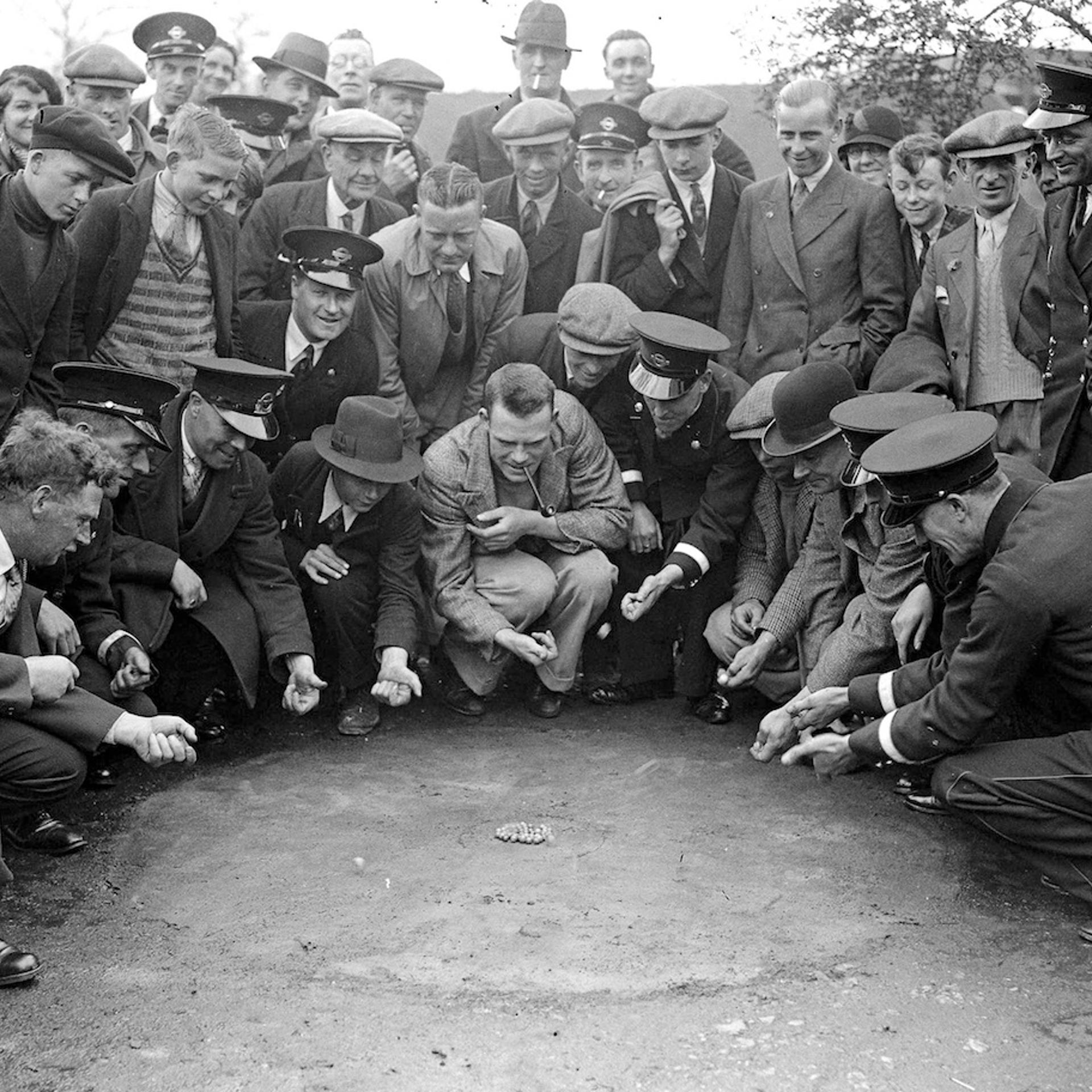 Busmen from the Crawley, Sussex depot at the Tinsley Green, Surrey marbles match v Tinsley Green, 19th April 1935