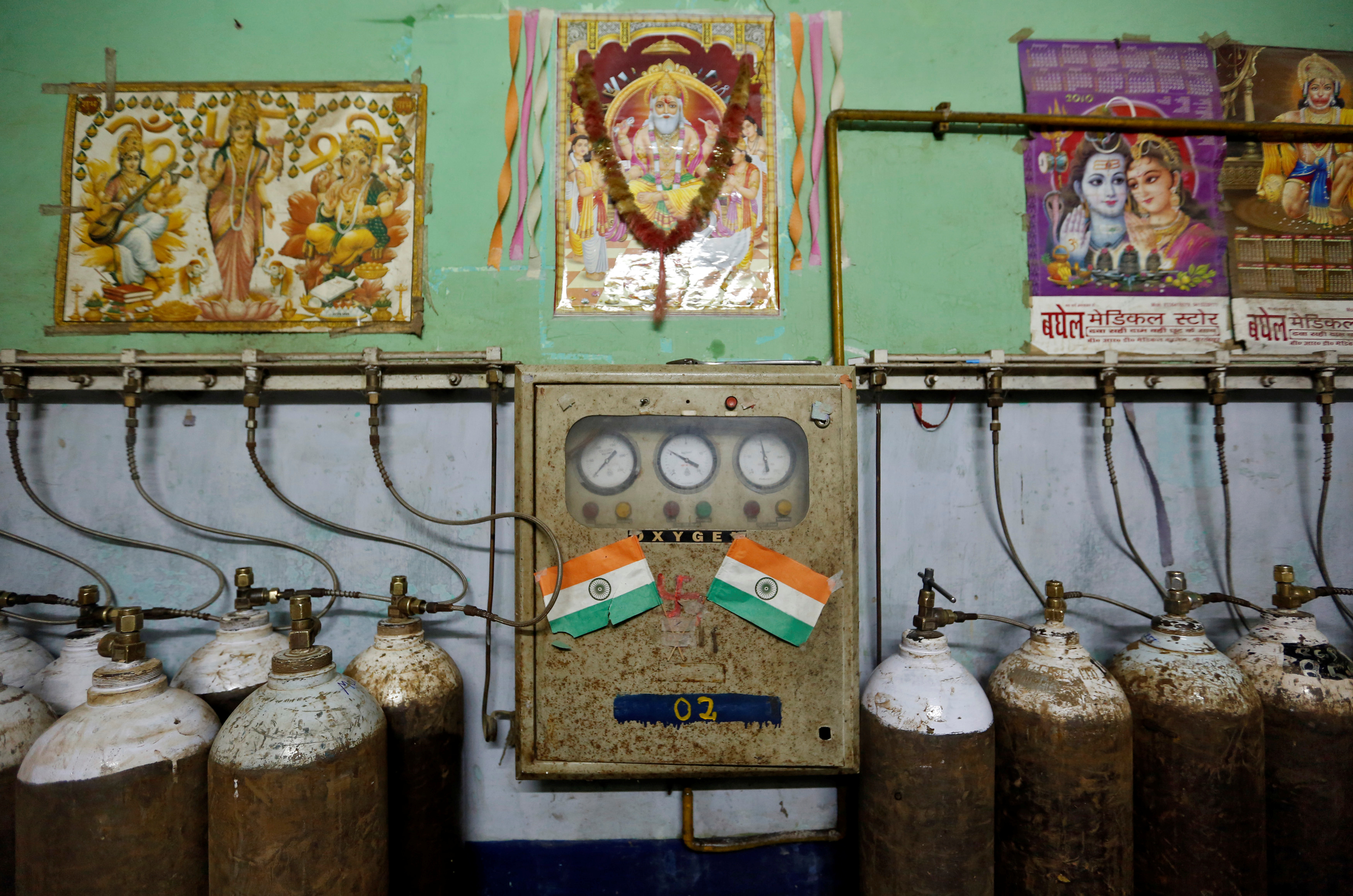 A room containing oxygen tanks is seen in the Baba Raghav Das hospital in Gorakhpur district