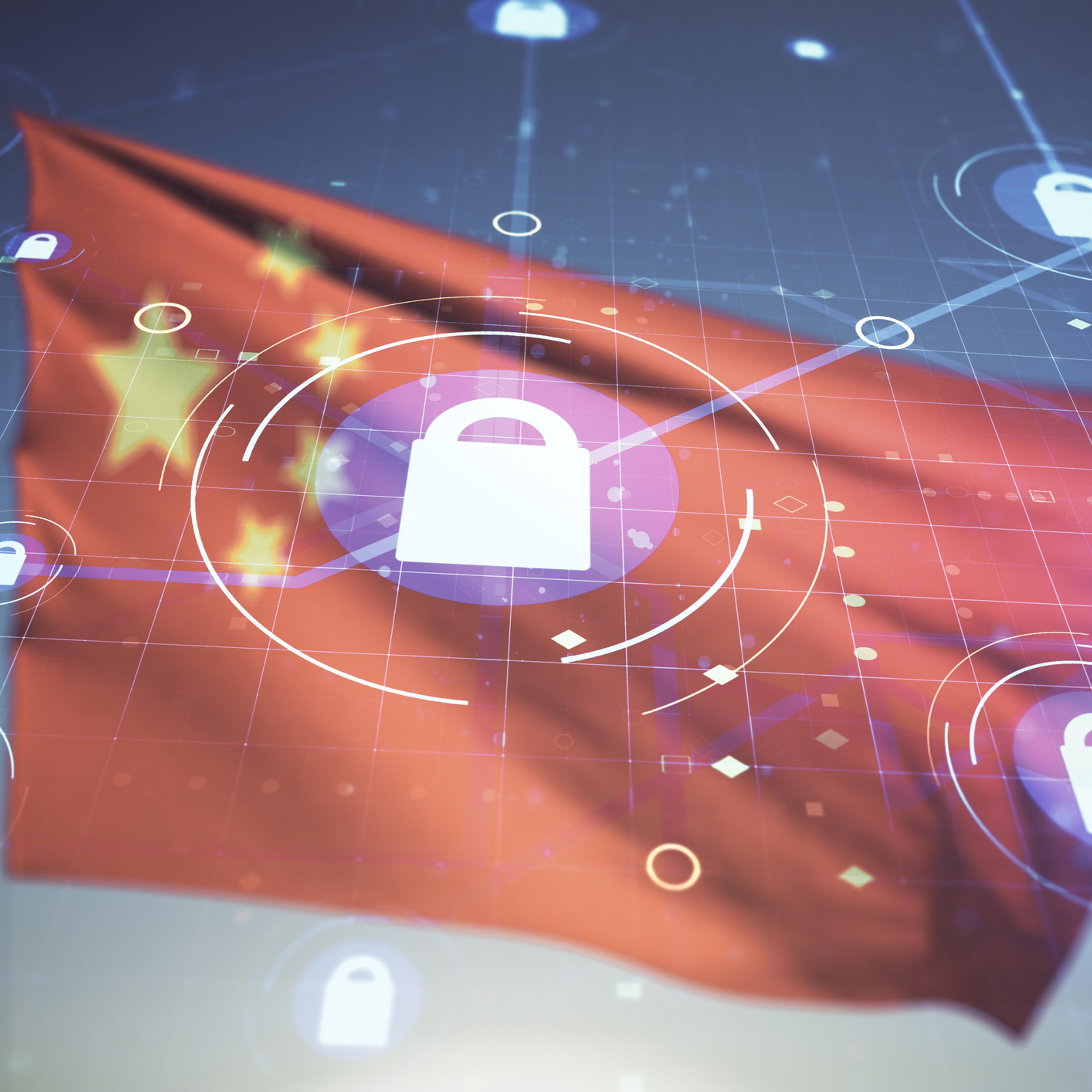 Virtual creative lock illustration with microcircuit on Chinese flag and blue sky background, cyber security concept. Multiexposure