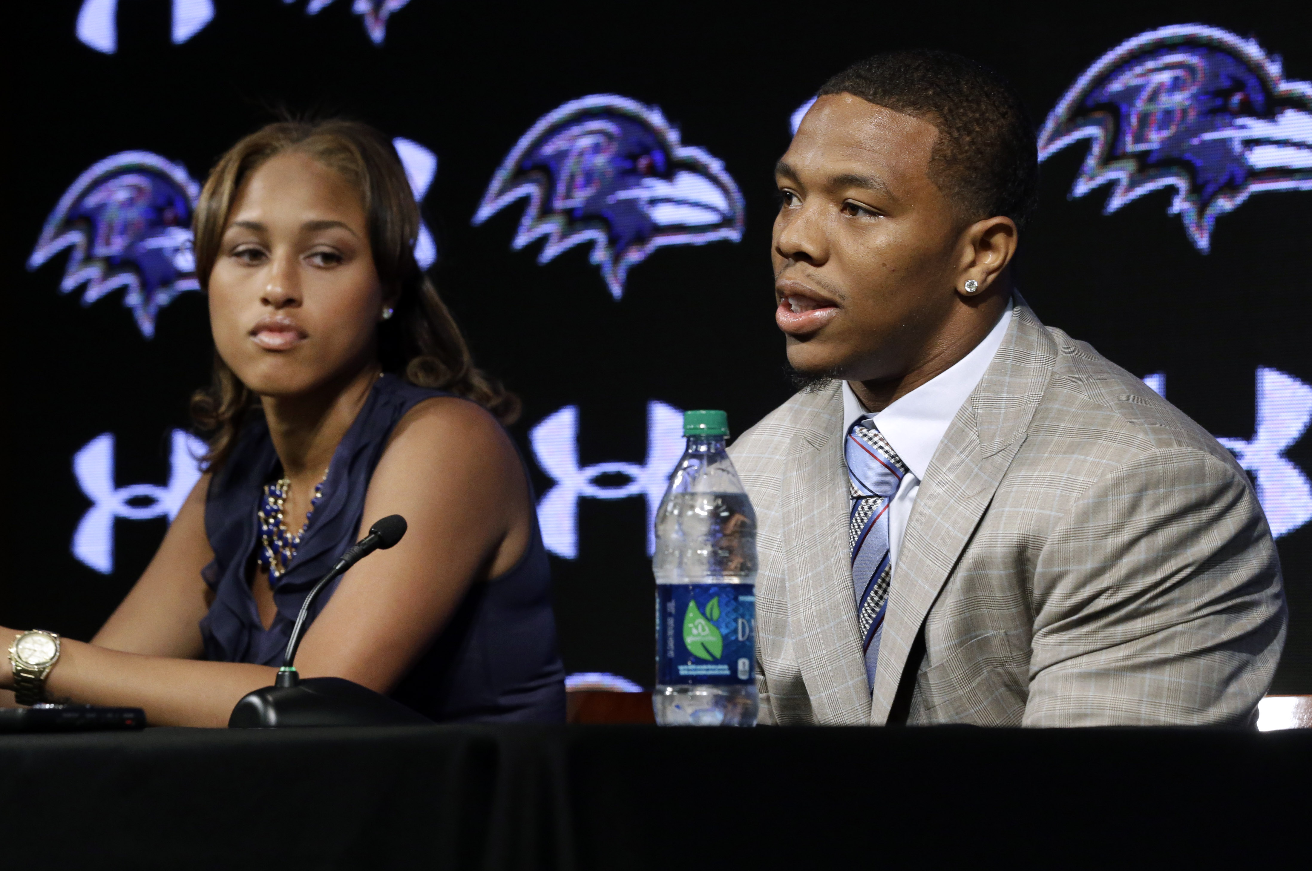 Baltimore Ravens running back Ray Rice speaks alongside his wife Janay during a news conference at the team's practice facility in Owings Mills, Md on May 23, 2014.